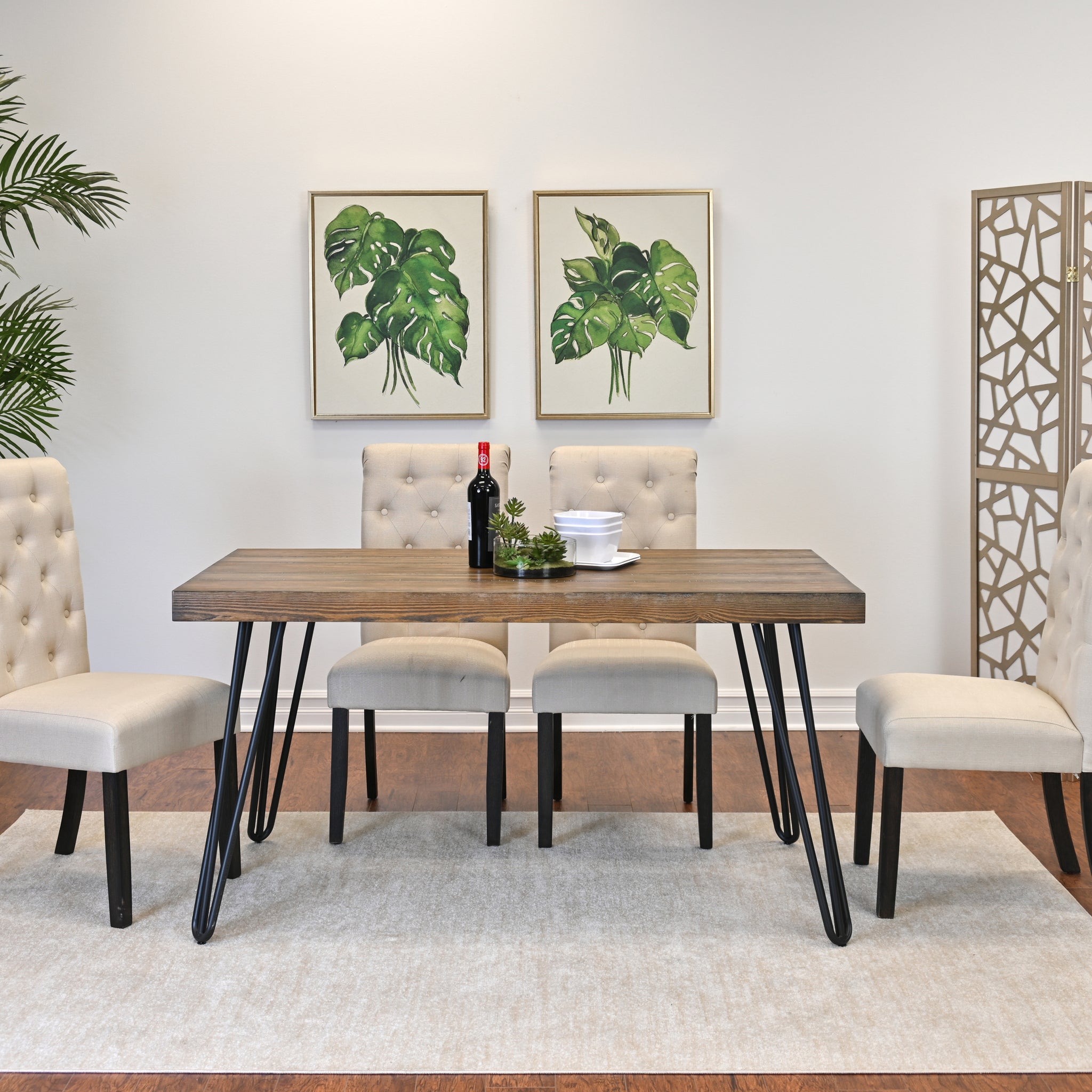 Ashford 5 Piece Dining Set, Hairpin Dining Table With 4 Chairs, 4 Color Options Brown Metal Dining Room Fixed Table Rubberwood Rectangular Dining Table With Chair Wood Wood Brown Seats 4 Rectangular 4 Leg Mdf Metal