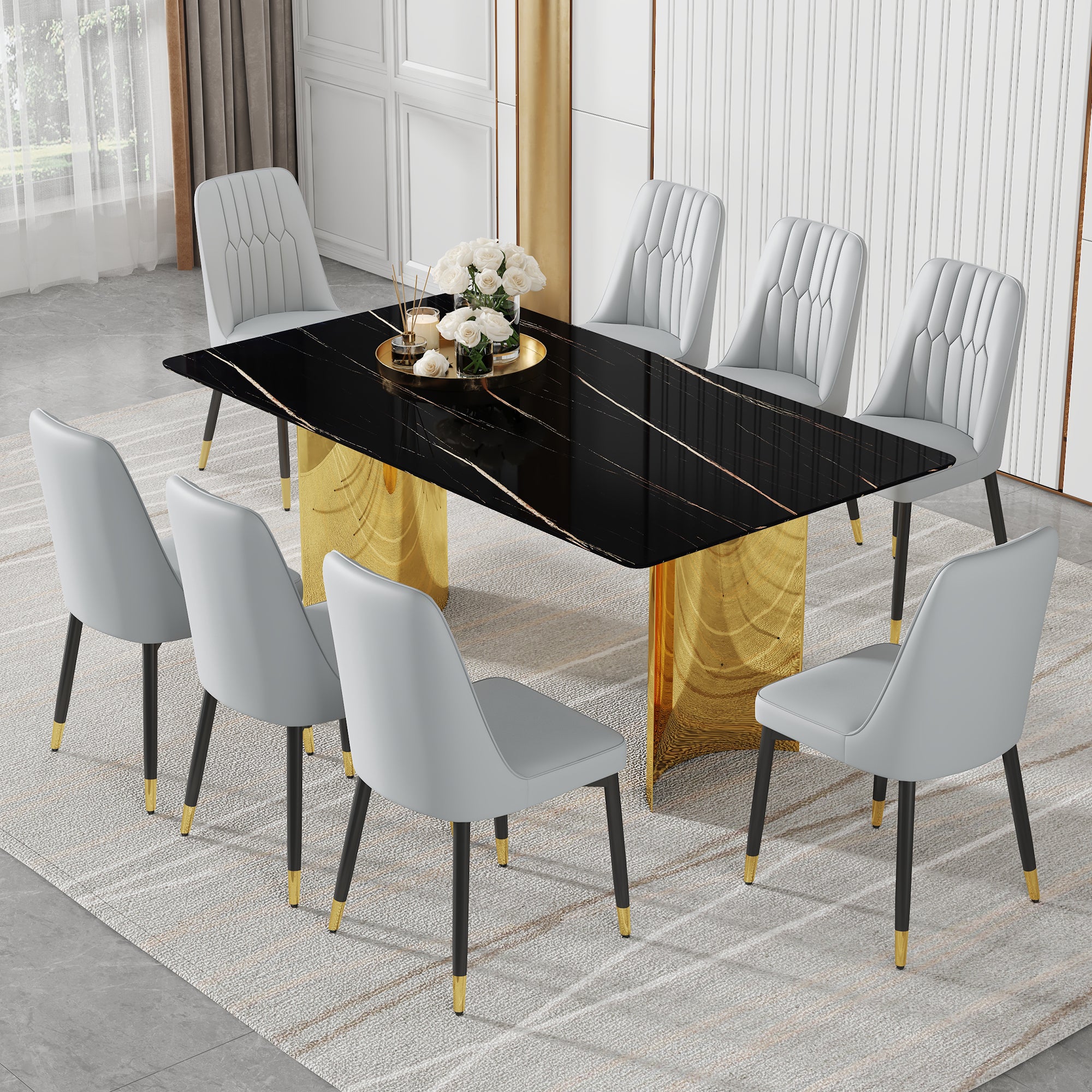 Table And Chair Set.The Table Has A Glass Top With Imitation Marble Pattern Stickers And Stainless Steel Golden Legs. Paried With Chairs With Pu Artificial Leather Backrest Cushions And Black Legs. Black Gold Seats 8 Glass Metal