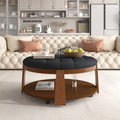 Modern Large Round Ottoman Coffee Table 2 Tier Oversized Button Tufted Ottoman With Wood Shelf Storage Upholstered Coffee Table For Living Room Footrest Ottoman With Wheel, Waterproof Linen Black Brown Rubber Wood