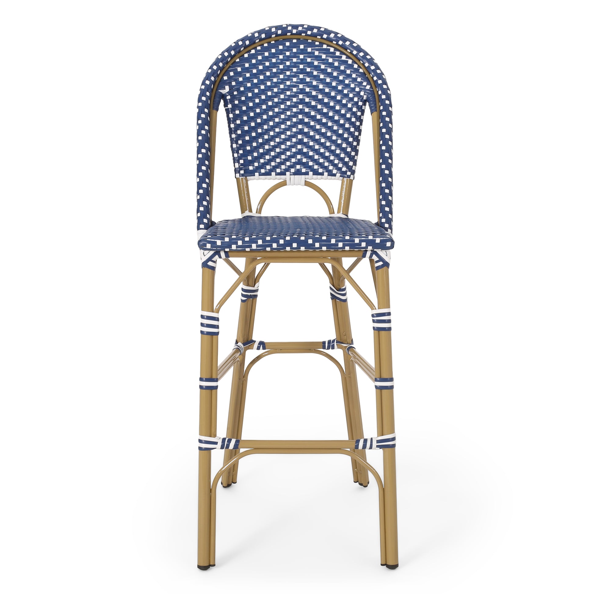 29.5" Outdoor Pe Rattan French Barstool, Dark Teal And White, Aluminum Frame With Bamboo Finish Set Of 2 No Teal Blue,White Rust Resistant Frame Garden & Outdoor French 2 Person Seating Group