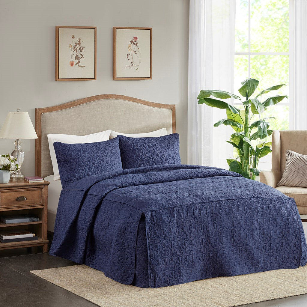 3 Piece Split Corner Pleated Quilted Bedspread Navy King Navy Polyester
