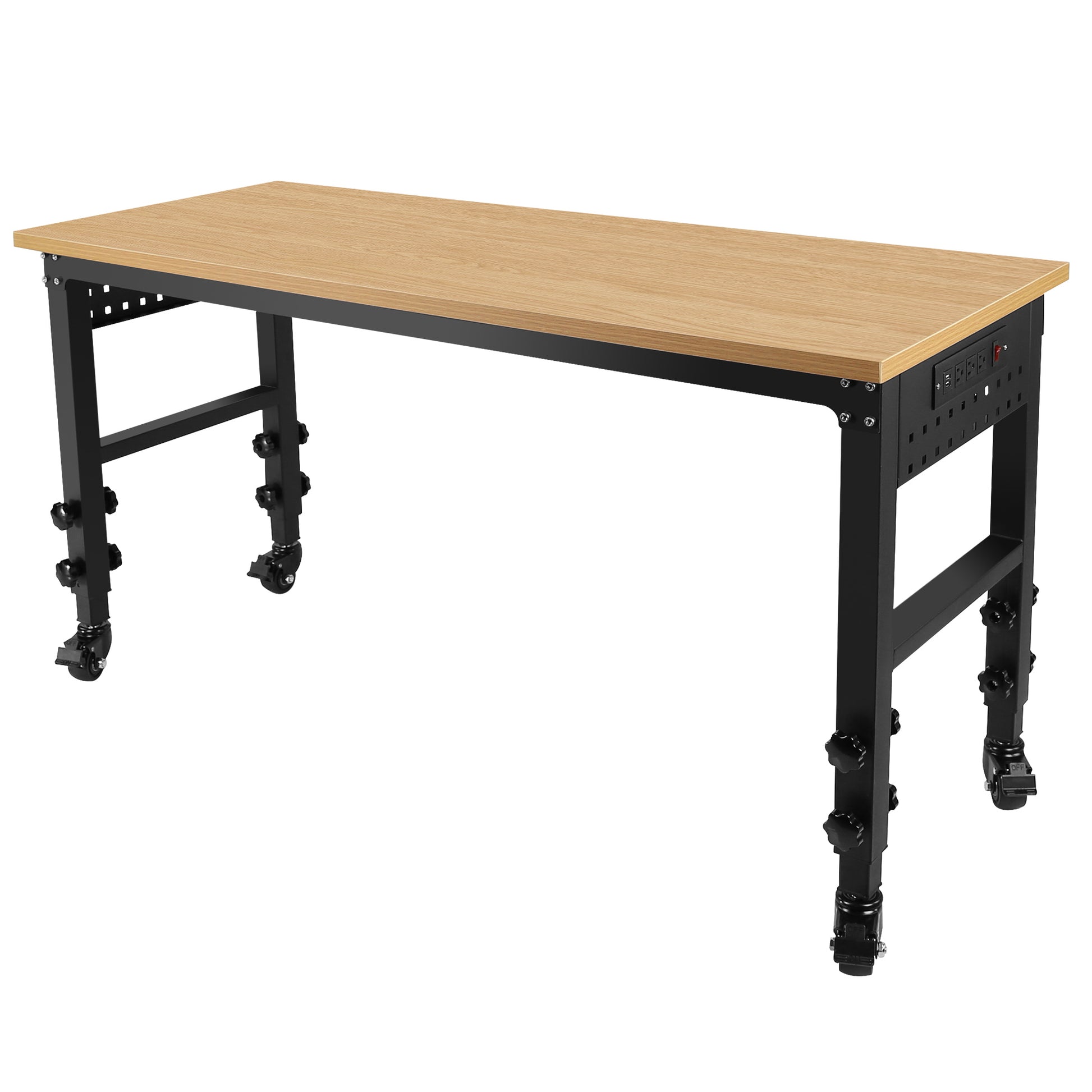 60" 24'' Adjustable Workbench, Rolling Heavy Duty Worktable With Power Outlet And Wheels, Large Load Capacity Rubber Wood Top Workbench For Garage, Office, Workshop, Home, Easy Assembly Black Steel
