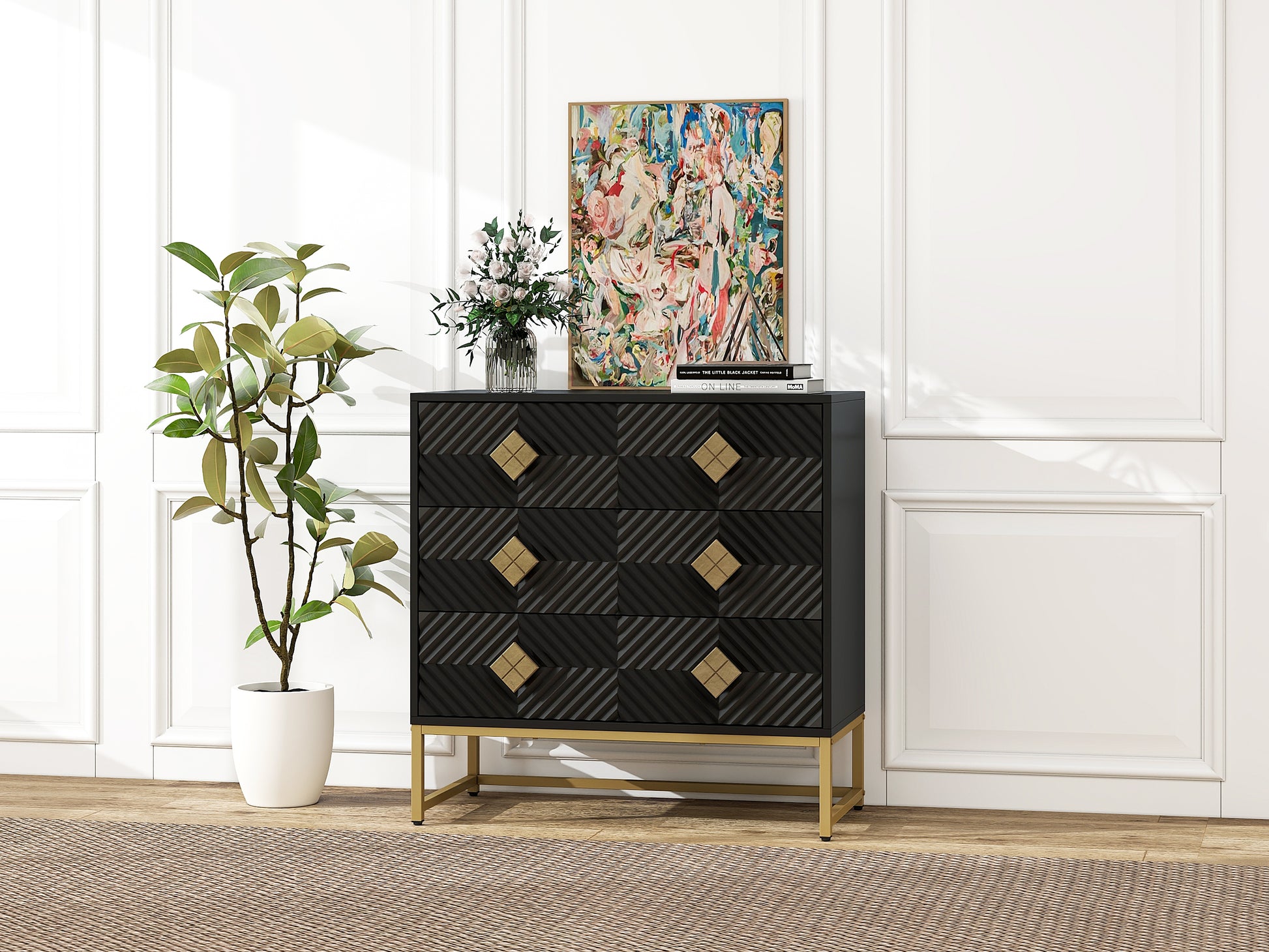 3 Drawer Storage Cabinet,3 Drawer Modern Dresser, Chest Of Drawers With Decorative Embossed Pattern Door For Entryway,Living Room,Bed Room Black Particle Board Mdf