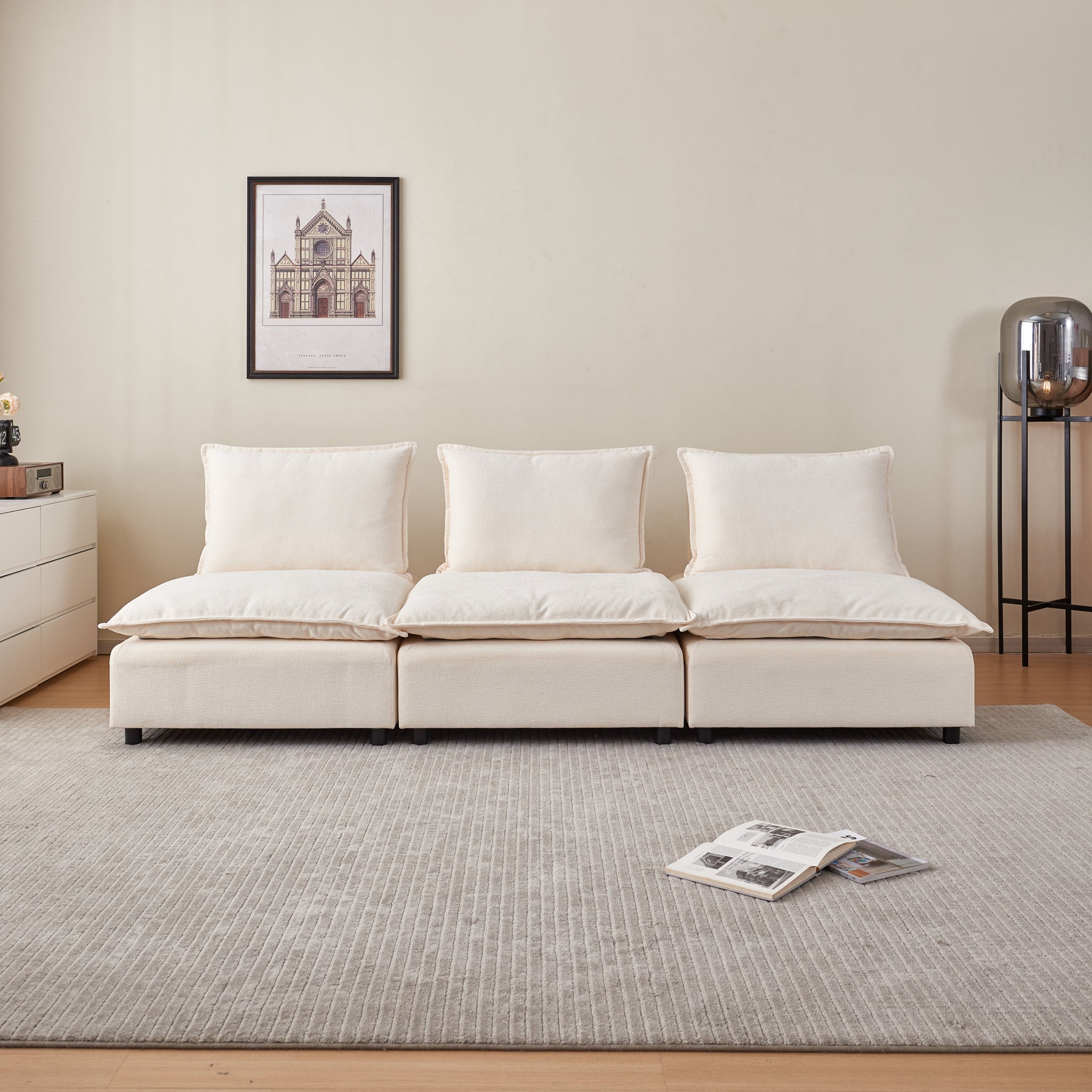 Mid Century Modern 3 Seater Sofa Couch For Living Room Modular Sectional Armless Sofa, Ultra Soft Chenille Fabric, Sturdy Frame, Comfortable And Stylish Furniture Beige Foam Chenille 2 Seat