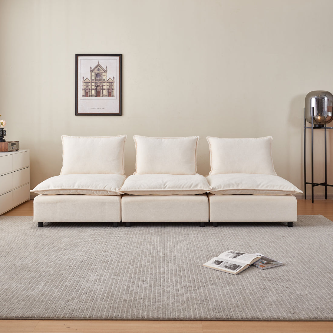 Mid Century Modern 3 Seater Sofa Couch For Living Room Modular Sectional Armless Sofa, Ultra Soft Chenille Fabric, Sturdy Frame, Comfortable And Stylish Furniture Beige Foam Chenille 2 Seat