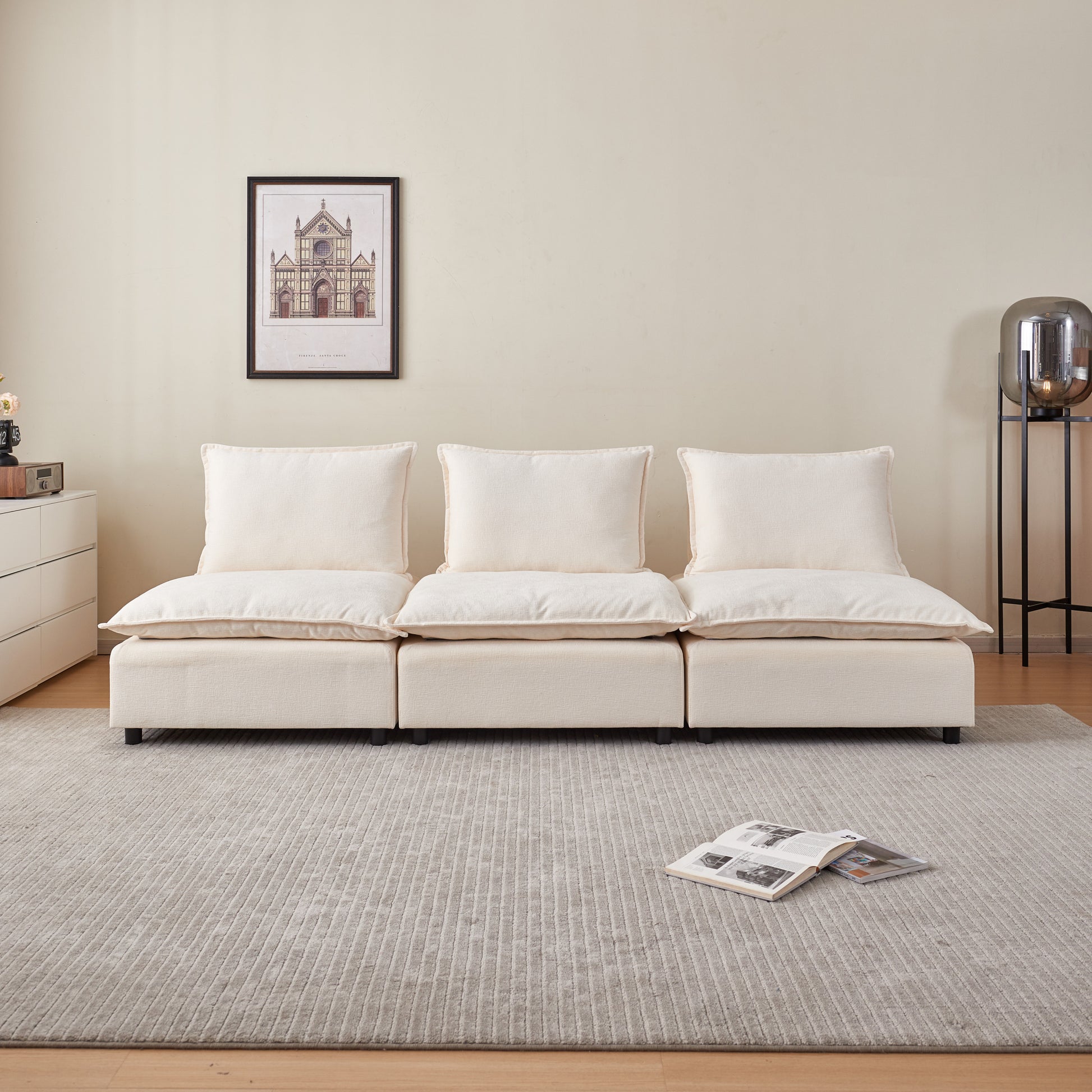 Mid Century Modern 3 Seater Sofa Couch For Living Room Modular Sectional Armless Sofa, Ultra Soft Chenille Fabric, Sturdy Frame, Comfortable And Stylish Furniture Beige Foam Chenille 2 Seat