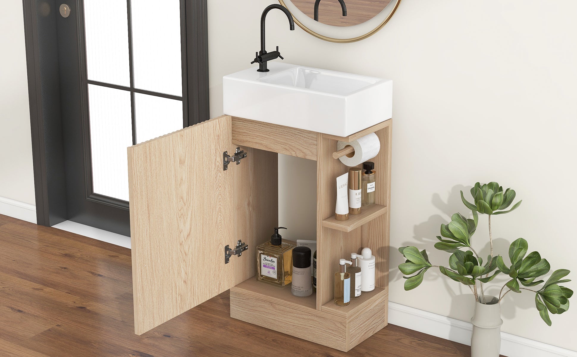 18.6" Bathroom Vanity With Sink, Bathroom Vanity Cabinet With Two Tier Shelf, Left Or Right Orientation, Natural Natural Mdf