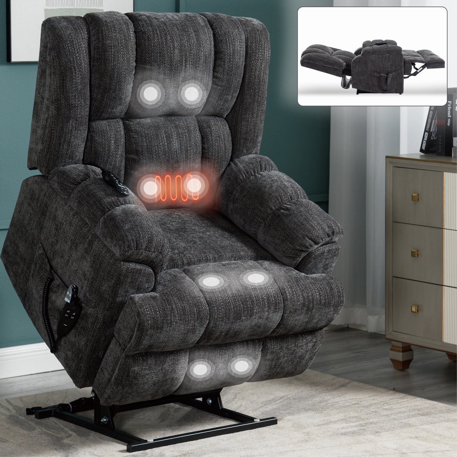Dual Motor Heat Massage Infinite Position Up To 350 Lbs Electric Power Lift Recliners With Power Remote, Medium Firm And Heavy Duty, Grey White Metal Primary Living Space Heavy Duty Pine Grey Chenille Power Remote Medium Firm Cushion Back American Design
