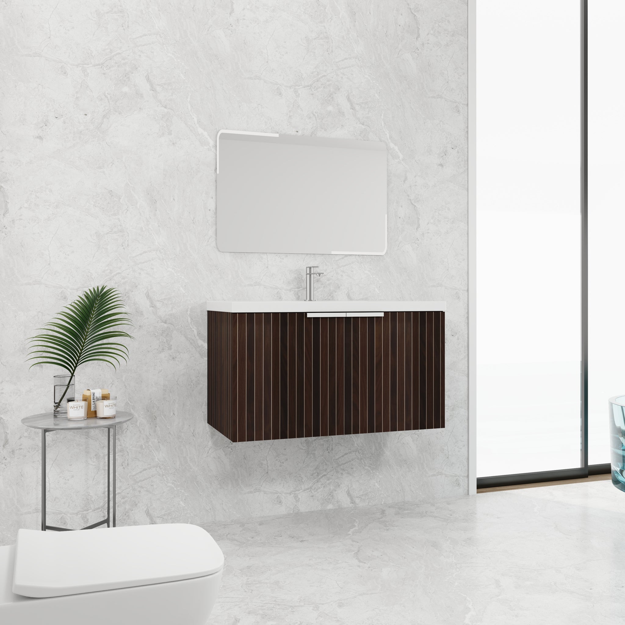 36 Inch Bathroom Cabinet With Resin Sink,Soft Close Doors,Float Mounting Design Silver Brown Stripe Bathroom Modern Plywood Plywood