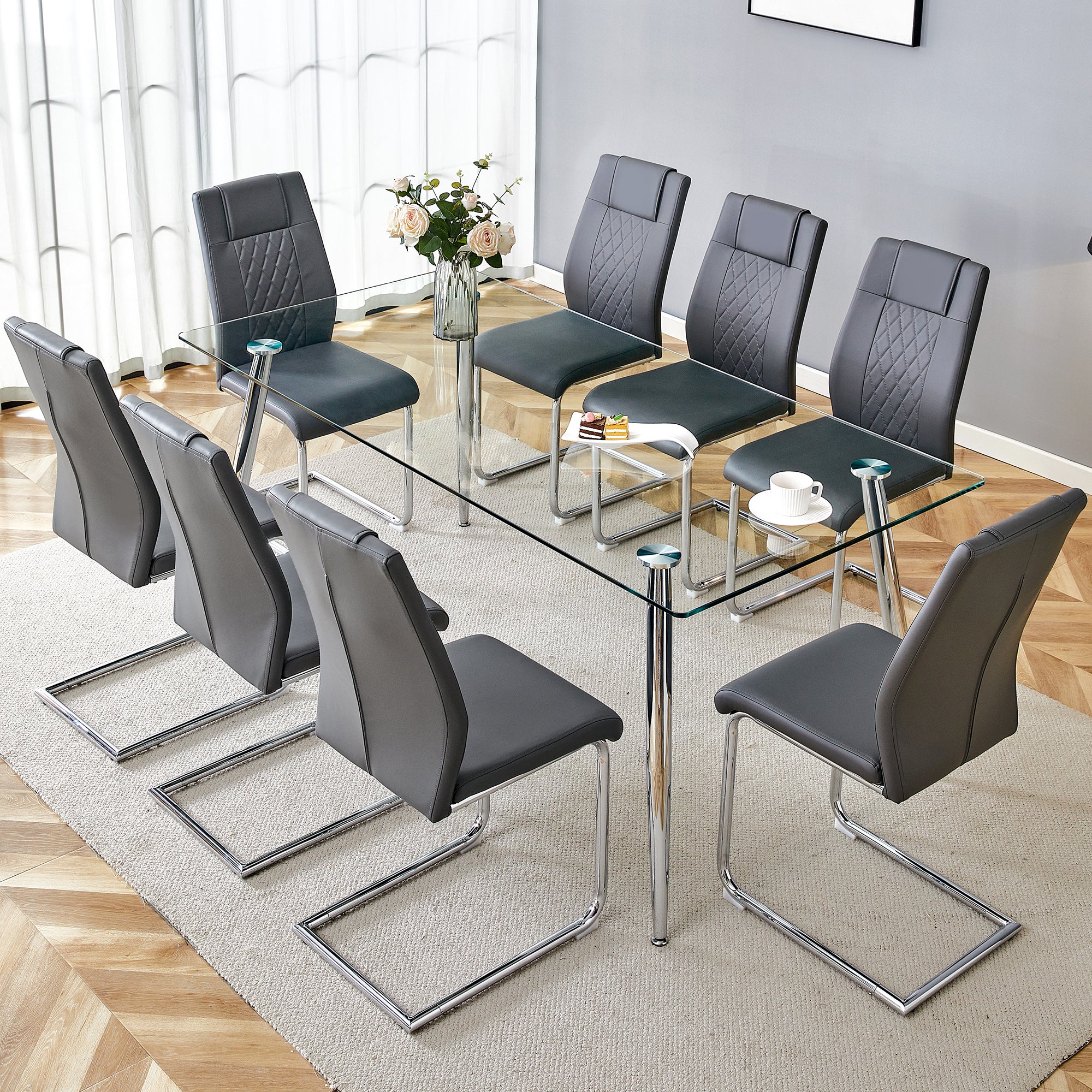 Table And Chair Set.Modern Rectangular Glass Dining Table With A Tempered Glass Tabletop And Silver Metal Legs, Paired With Multiple Chairs Designed With Pu Cushions And Silver Metal Legs. Gray Silver Seats 8 Tempered Glass