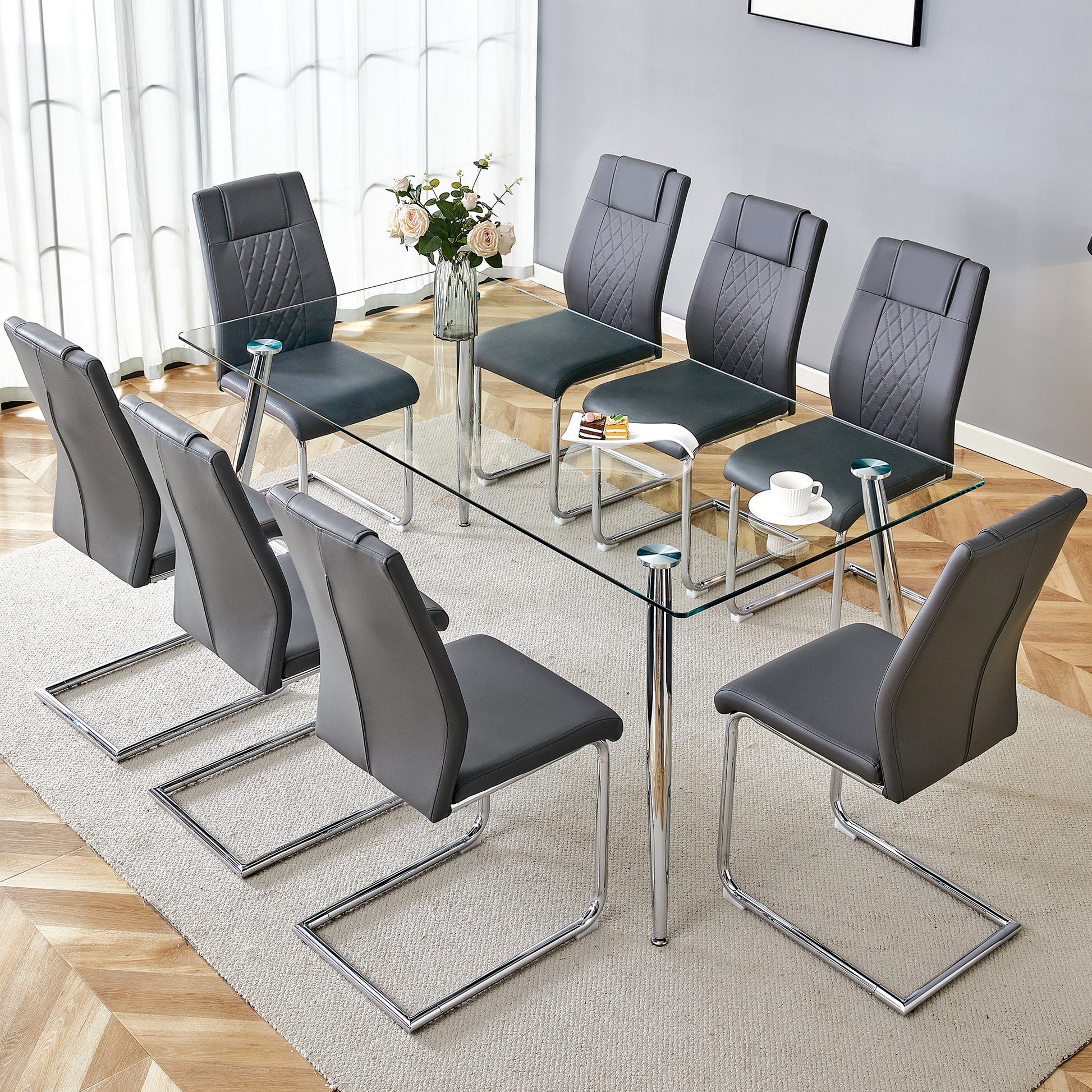Table And Chair Set.Modern Rectangular Glass Dining Table With A Tempered Glass Tabletop And Silver Metal Legs, Paired With Multiple Chairs Designed With Pu Cushions And Silver Metal Legs. Gray Silver Seats 8 Tempered Glass