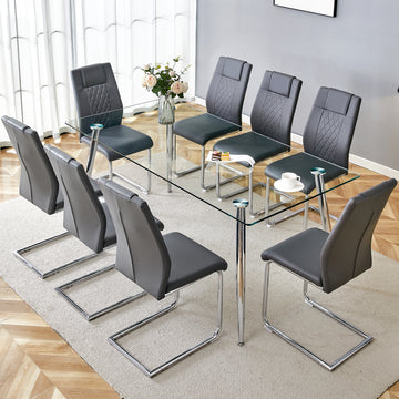 Table And Chair Set.Modern Rectangular Glass Dining Table With A Tempered Glass Tabletop And Silver Metal Legs, Paired With Multiple Chairs Designed With Pu Cushions And Silver Metal Legs. Gray Silver Seats 8 Tempered Glass