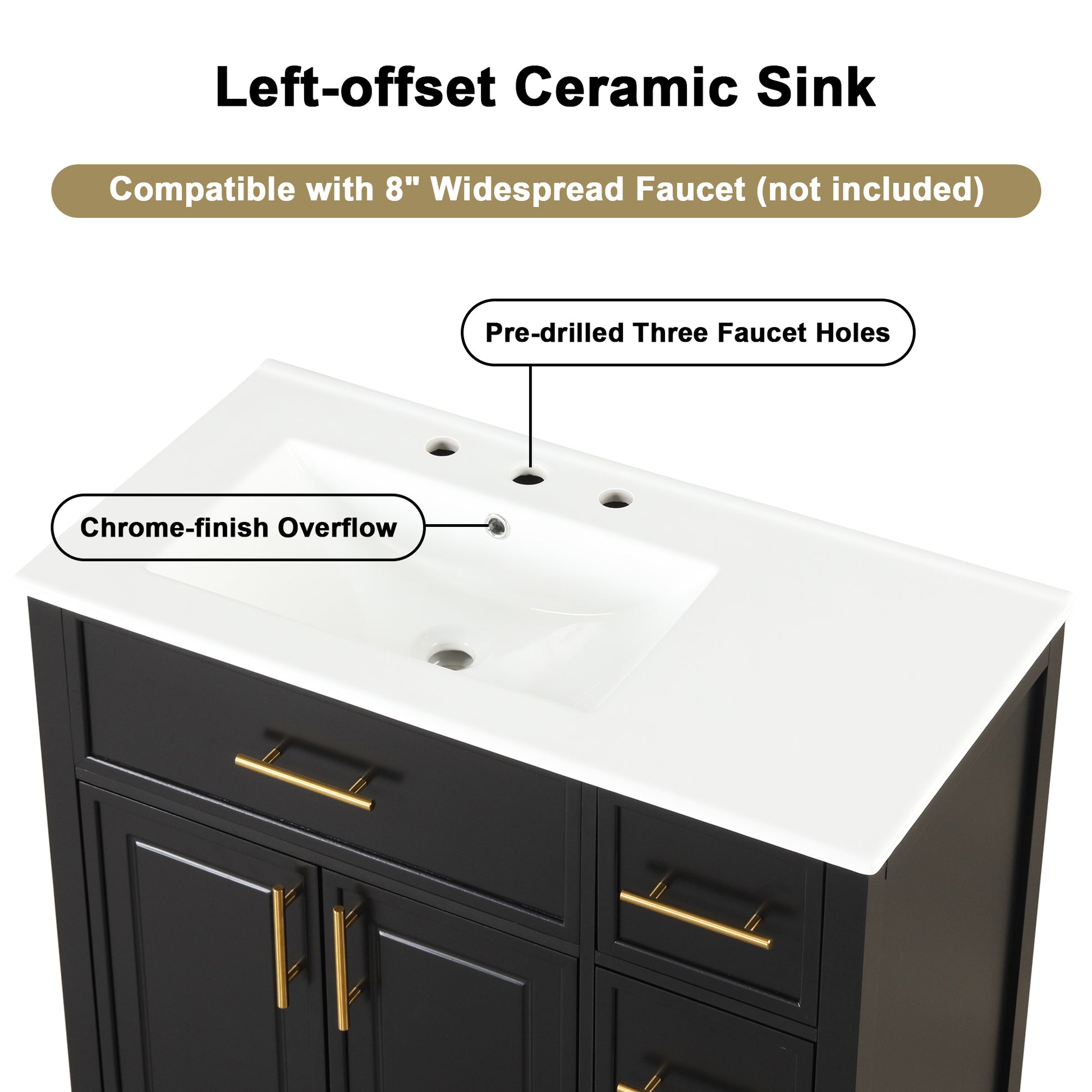 36" Bathroom Vanity With Sink Top, Bathroom Vanity Cabinet With Two Doors And Three Drawers, Solid Woodmdf Boards ,One Package, Black Black Solid Wood Mdf