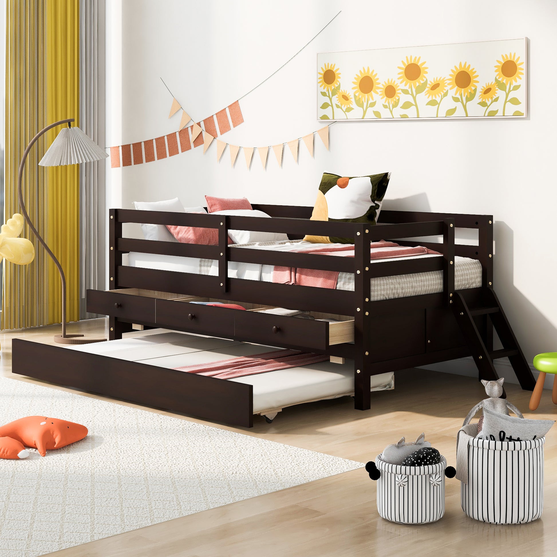 Low Loft Bed Twin Size With Full Safety Fence, Climbing Ladder, Storage Drawers And Trundle Espresso Solid Wood Bed Espresso Solid Wood