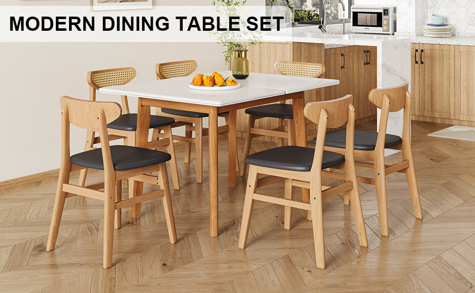 Table And Chair Set. White Sintered Stone Tabletop, Rubberwood Legs, Foldable Computer Desk, Foldable Desk. Solid Wood Dining Chair With Small Curved Backrest And Pu Cushions. Zd 1545 Dx 2361 Wood Seats 6 Wood