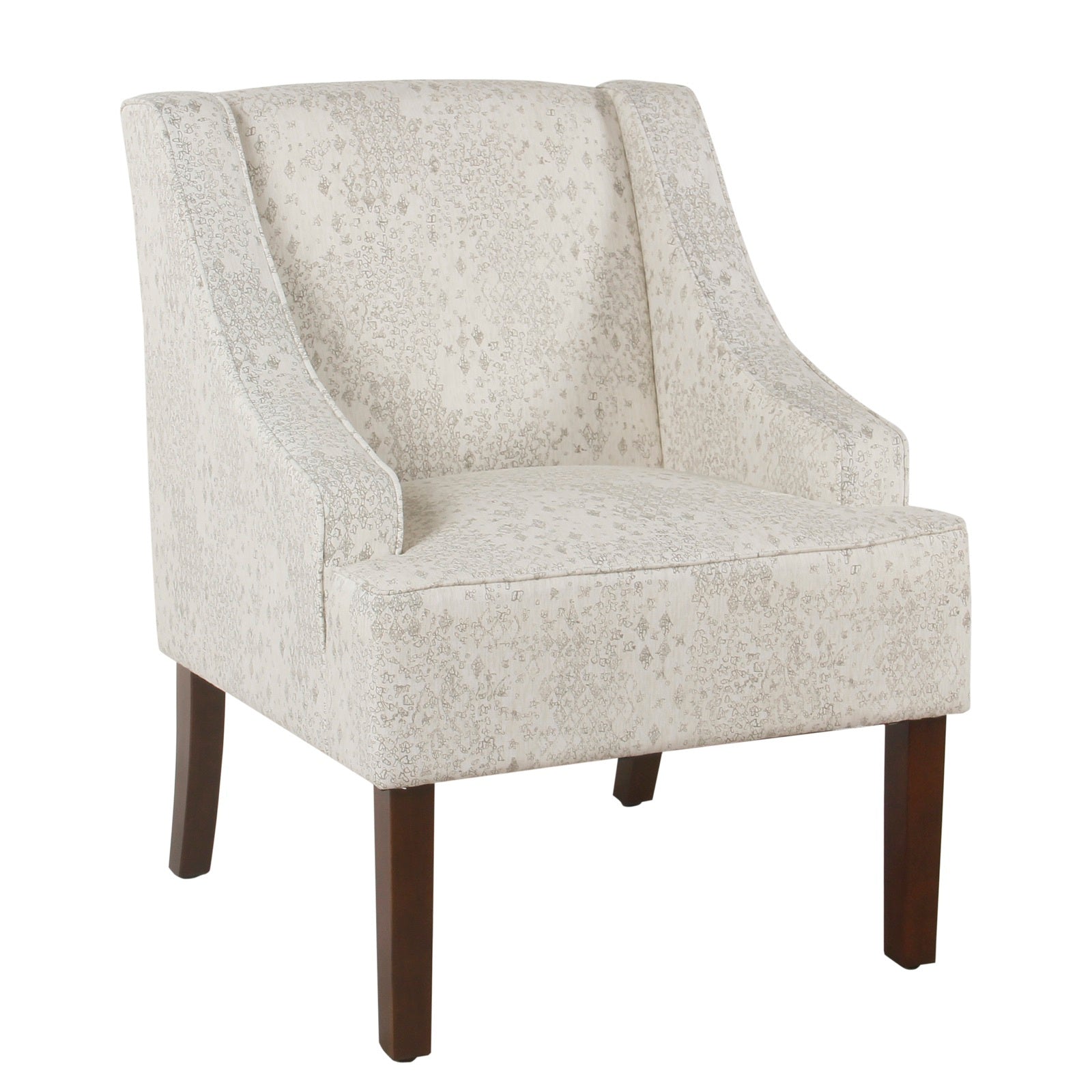 Fabric Upholstered Wooden Accent Chair With Swooping Arms, White And Brown Off White Wood Fabric