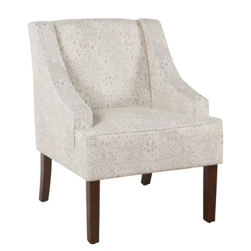 Fabric Upholstered Wooden Accent Chair With Swooping Arms, White And Brown Off White Wood Fabric