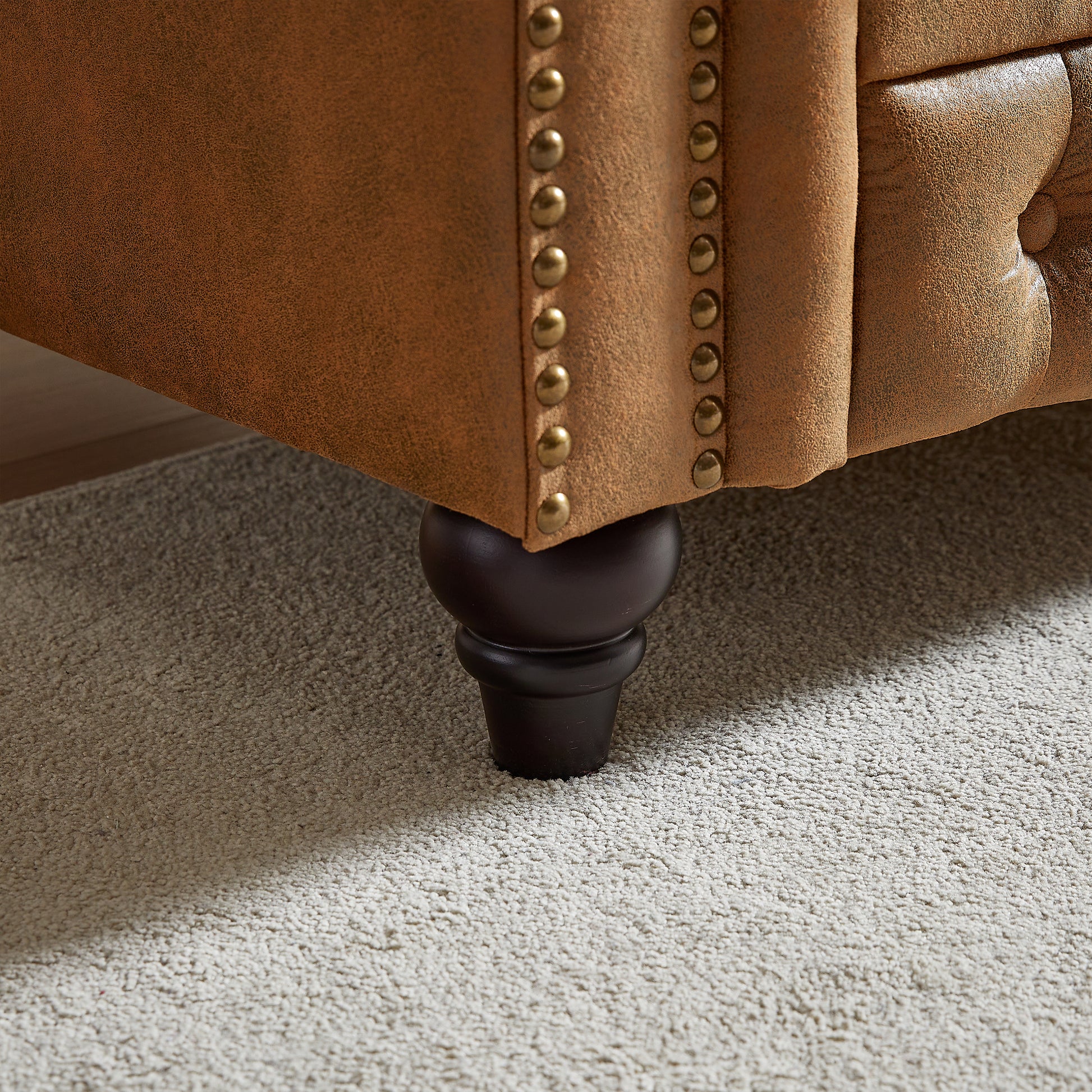 Fx 85.5"Living Room With Tech Fabric Chesterfield Sofa With Rolled Arms 3 Seater Sofa With Button Design And 2 Cushions For Apartment, Office, Living Room Brown Polyester Wood Primary Living Space Pine Foam Fabric 3 Seat