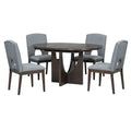 Modern 5 Piece Extendable Round Dining Table Set With 16.2Inch Removable Leaf For Small Places, Espresso Gray Wood Dining Room Solid Wood Rubberwood Round Dining Table With Chair Upholstered Chair Wood Espresso Seats 4 Removable Leaf Contemporary Round