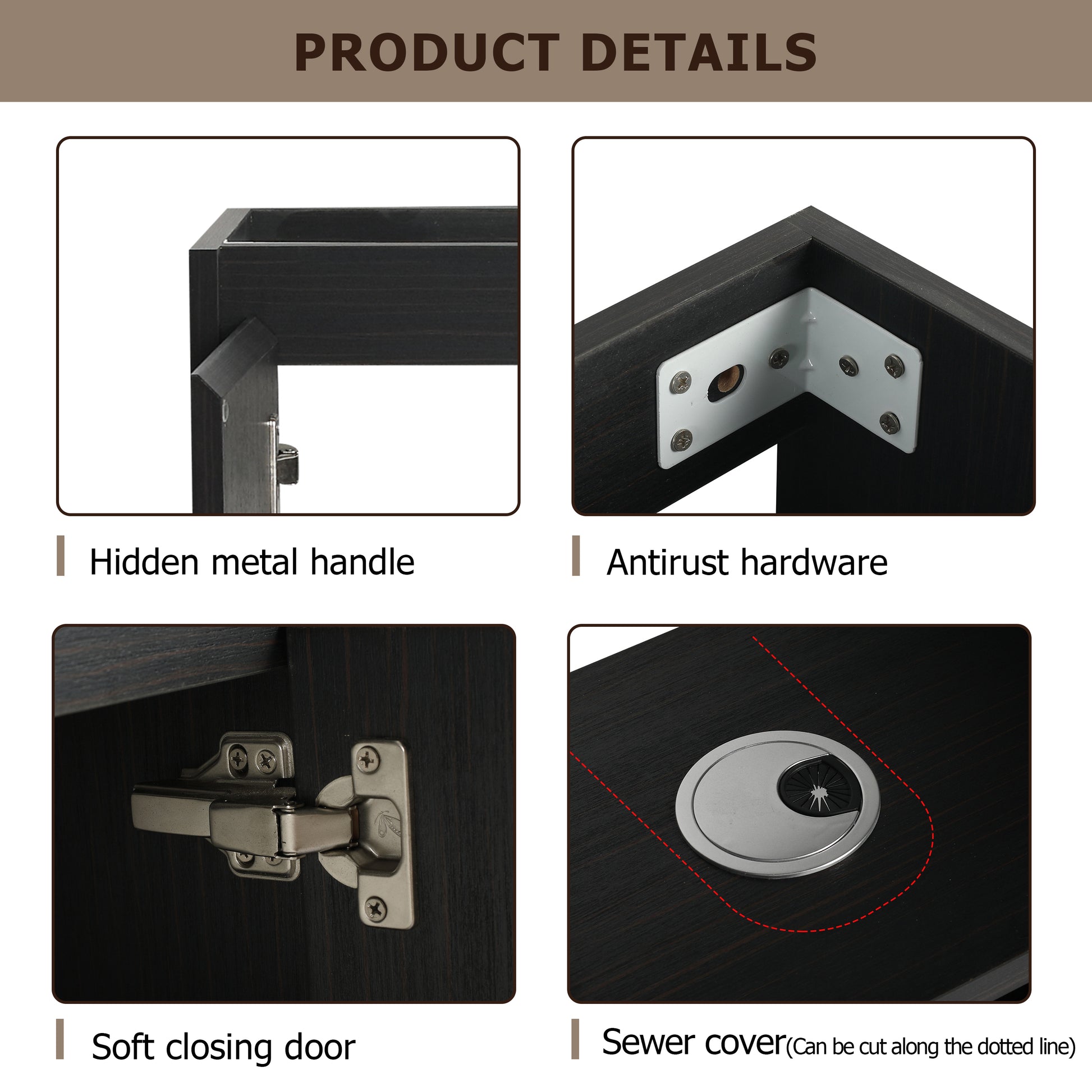 23" Freestanding Bathroom Vanity With Sink, Soft Close Doors Black Chestnut Bathroom Modern Plywood