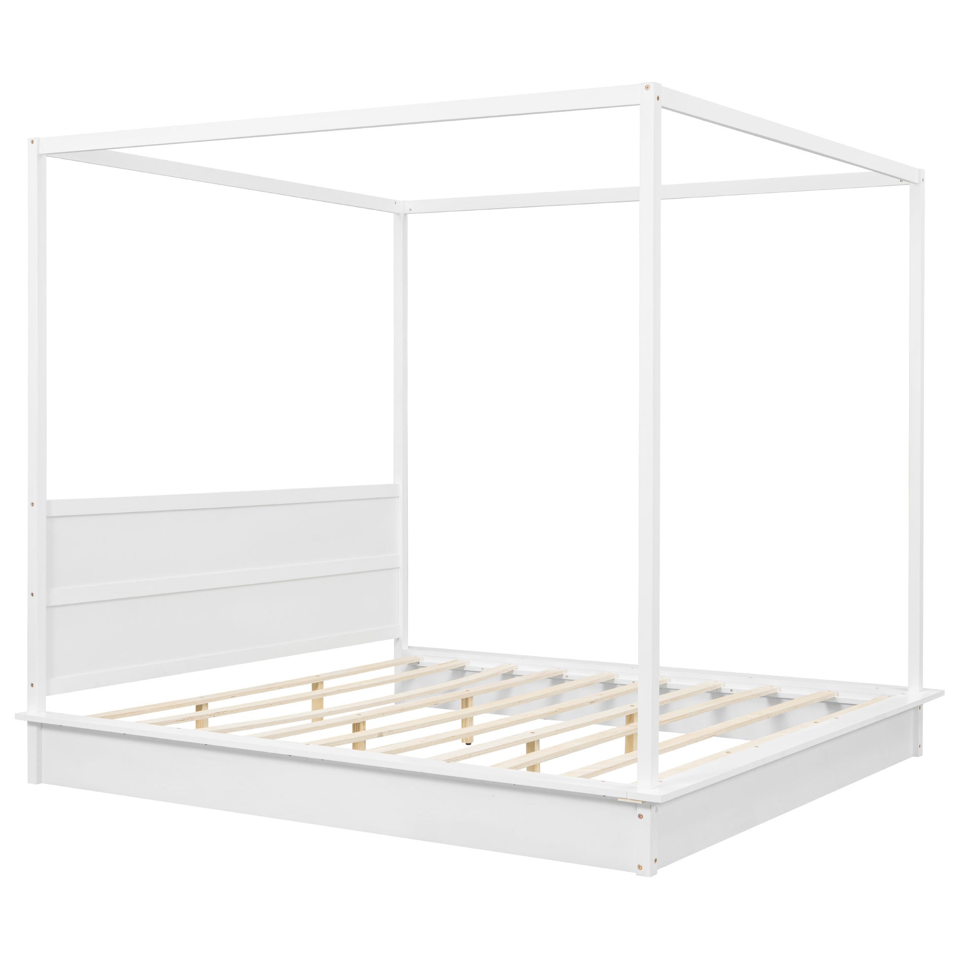 King Size Wood Led Canopy Bed ,Canopy Platform Bed With Support Slats, No Box Spring Needed, Whitekig King White Plywood