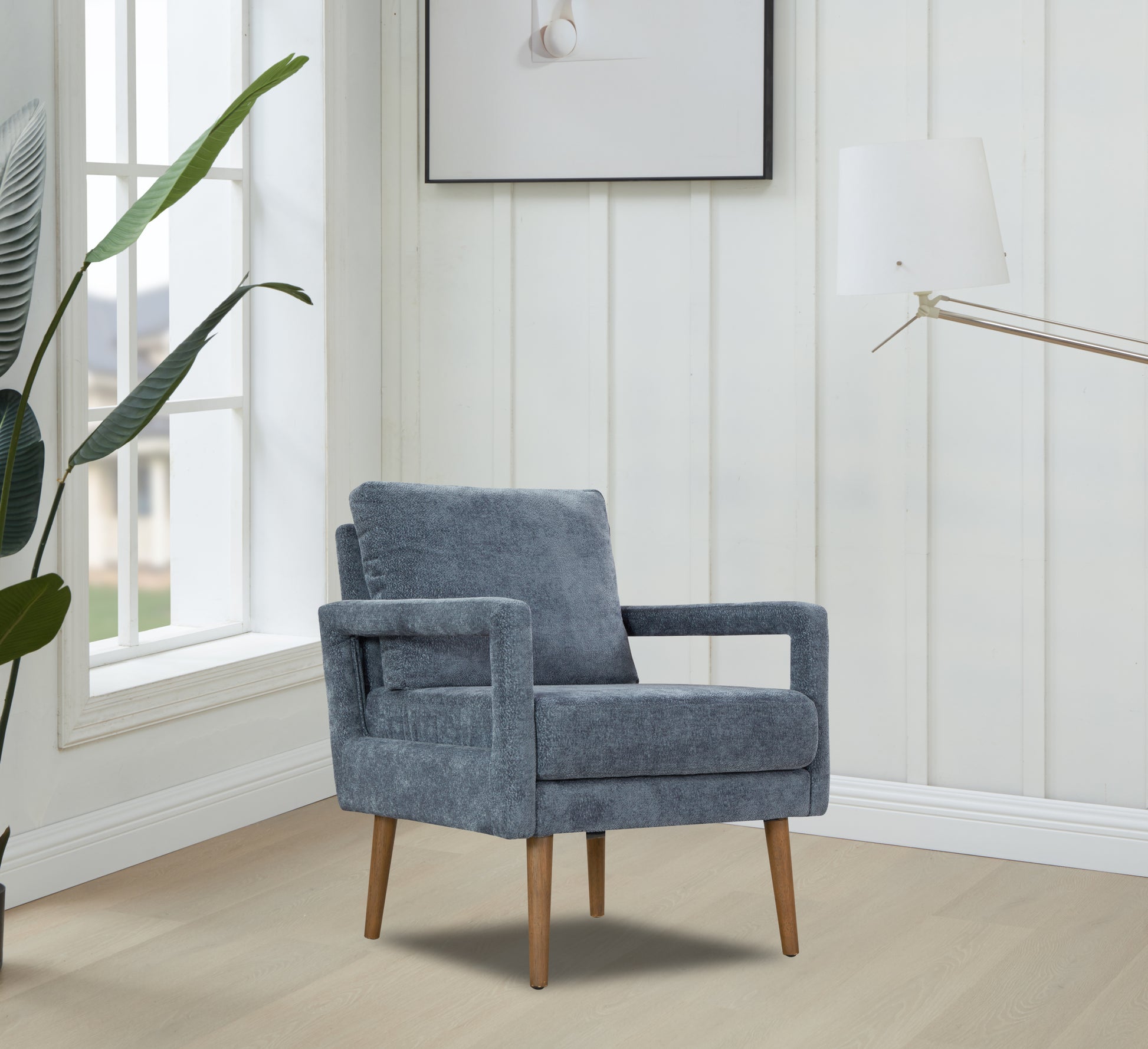 Mid Century Armchairaccent Chair With Chenille Armrest & Soft Cushion For Living Room, Bedroom, Home Office, Study, Dark Grayish Blue Blue Foam Wood Fabric