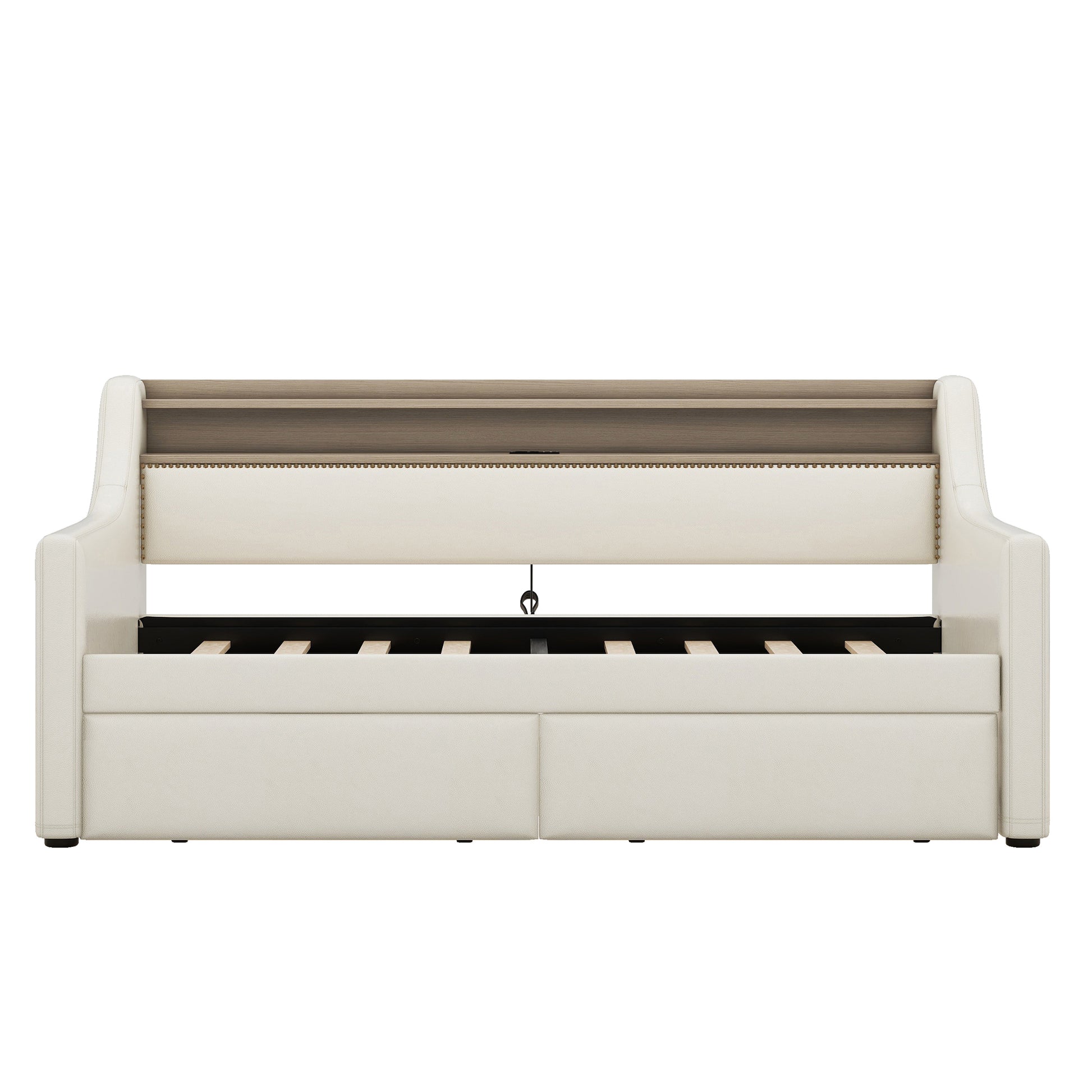 Twin Size Daybed With Storage Drawers, Upholstered Daybed With Charging Station And Led Lights, Beige Old Item W1580S00022 Twin Beige Pu Leather