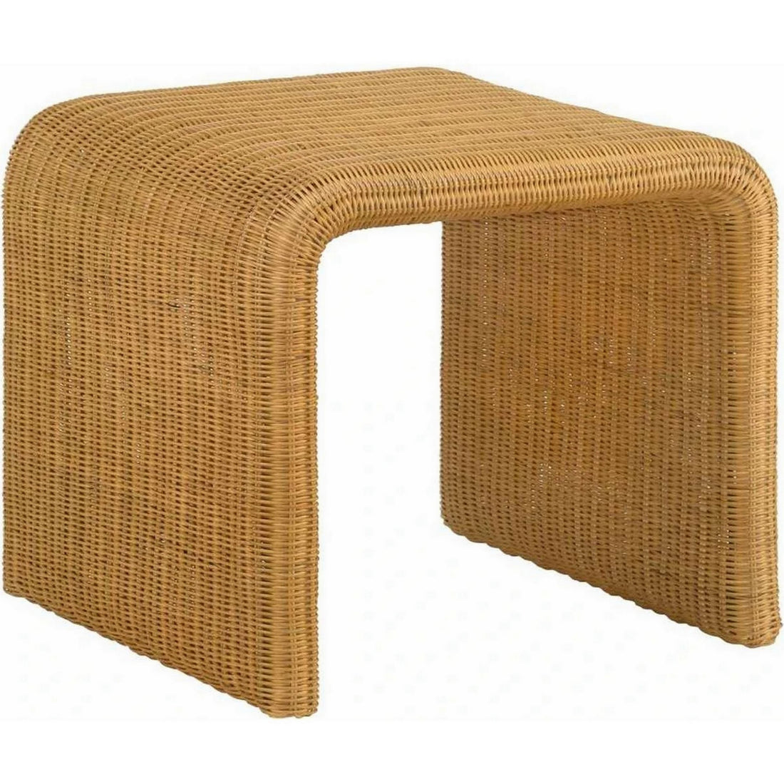 22 Inch Side End Table, Woven Rattan Frame, Waterfall Edges, Square Surface Brown Metal