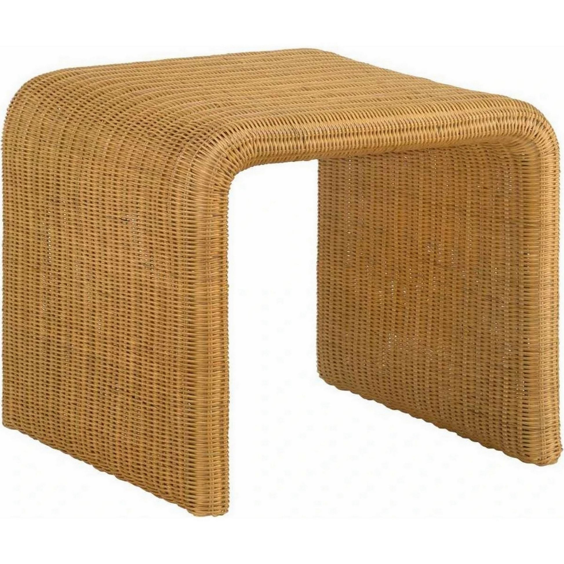 22 Inch Side End Table, Woven Rattan Frame, Waterfall Edges, Square Surface Brown Metal