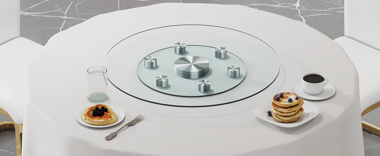 Double Layer Rotatable Round Glass.The Rotatable Design Makes It More Convenient To Retrieve And Place Items.The Upper Glass Has A Diameter Of 24 Inches, While The Lower Glass15 Inches. Transparent Glass