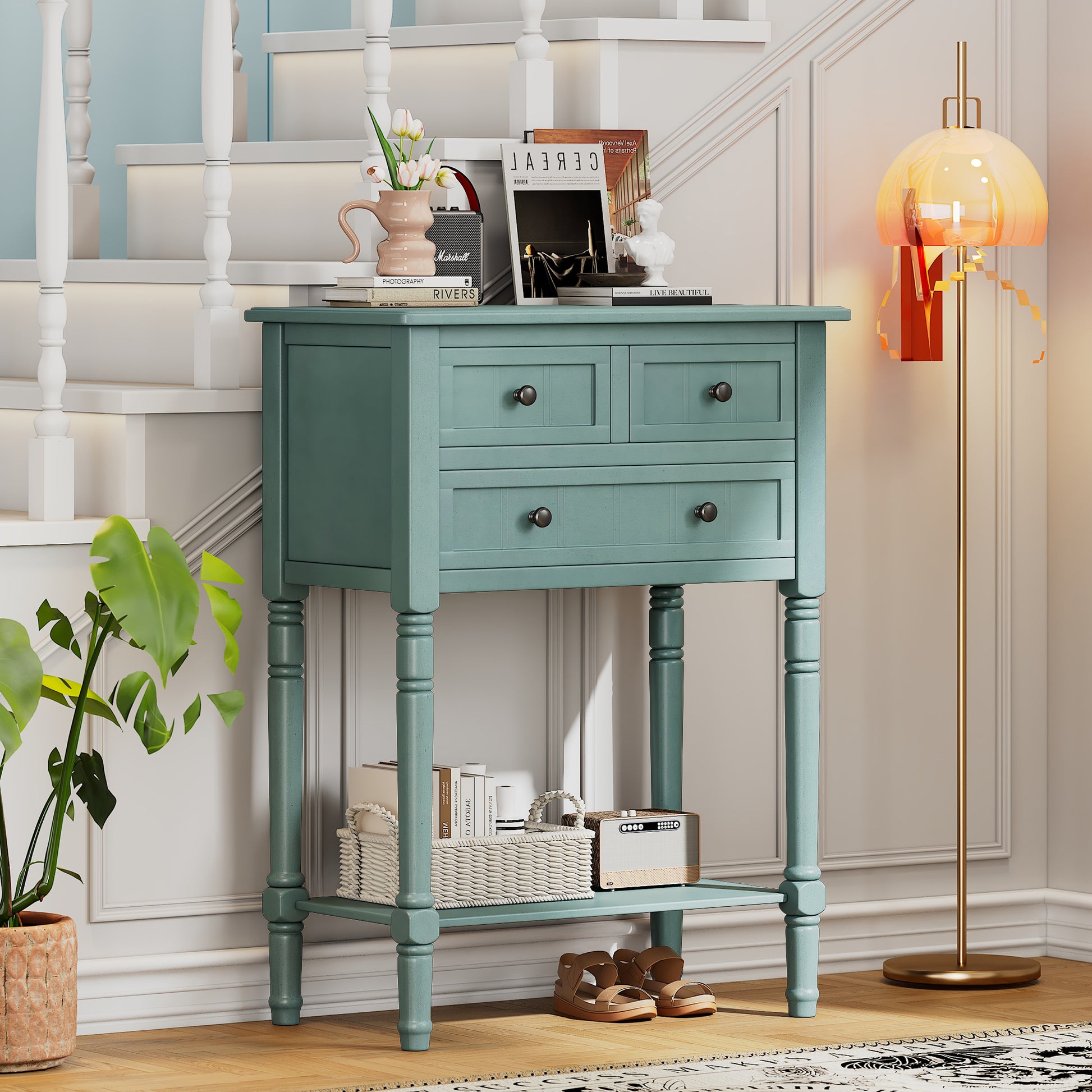 Narrow Console Table, Slim Sofa Table With Three Storage Drawers And Bottom Shelf Light Blue Light Blue Solid Wood Mdf