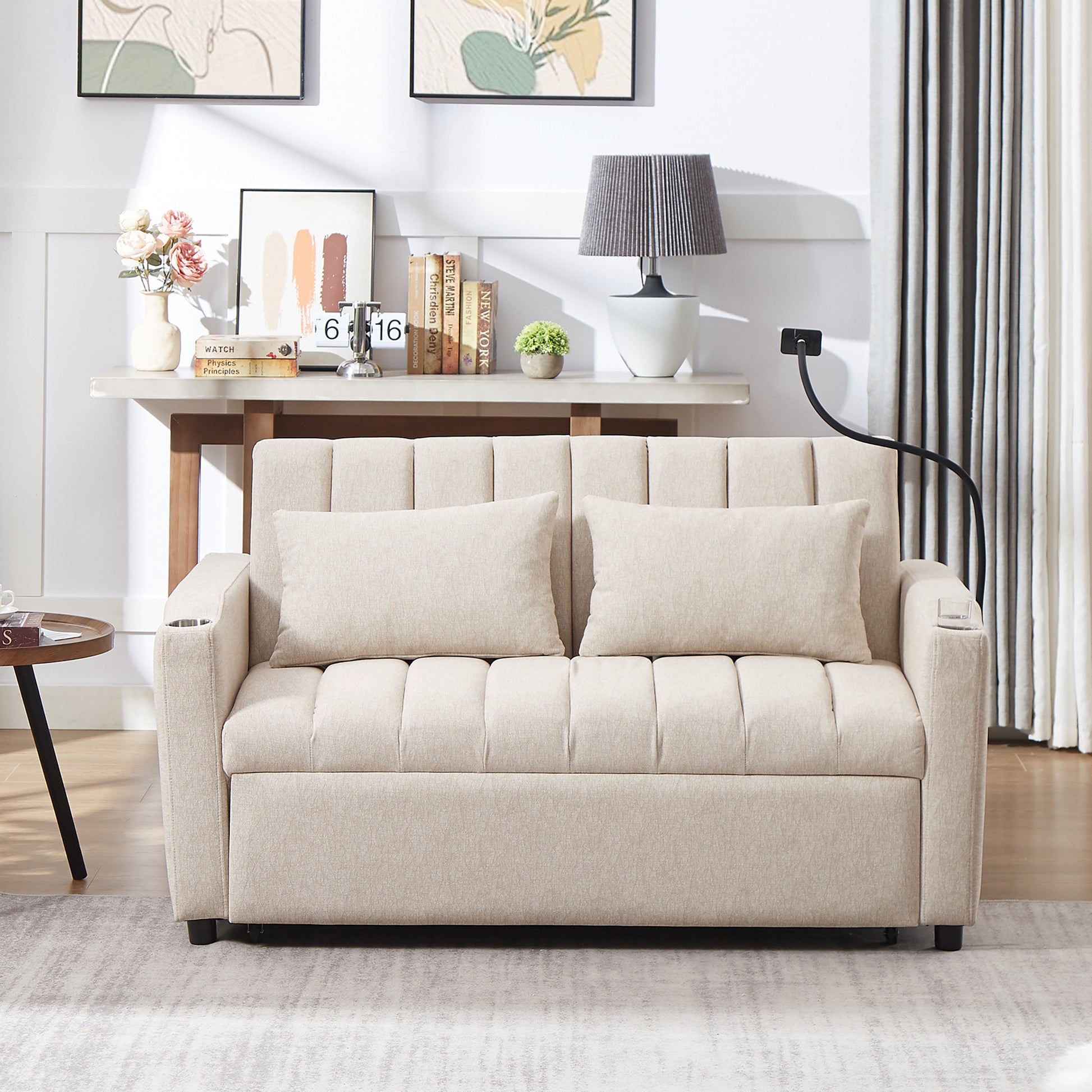 55.9" Convertible Sofa Bed Loveseat Sofa With Three Usb Ports, Two Side Pockets, Two Cup Holders And 360 Swivel Phone Holder For Living Room, Beige Beige Foam Polyester