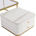 Modern 2 Pieces White Square Nesting Coffee Table With Drawers & Electroplated Gold Legs In 27.6'' Golden White Square Drawers Coffee & End Tables Glossy Square Mdf Glass Mdf Pedestal