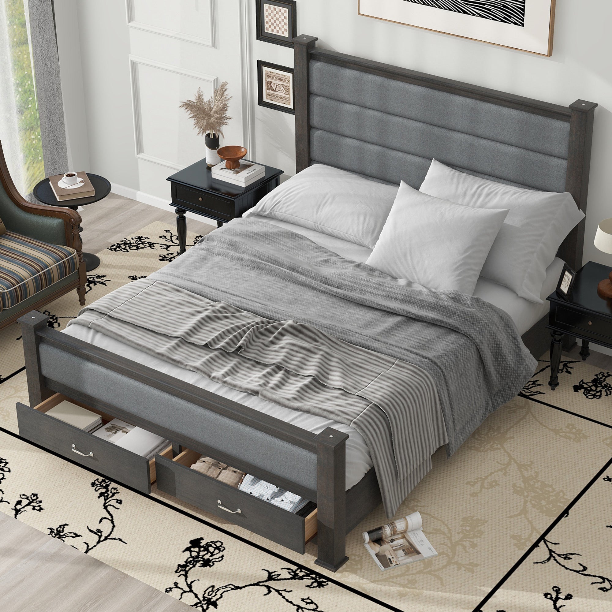 Queen Size Wood Frame Platform Bed With Upholstered Headboard, Footboard And 2 Drawers, Antique Gray Box Spring Not Required Queen Antique Gray Wood Bed Frame Solid Wood Mdf