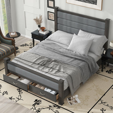 Queen Size Wood Frame Platform Bed With Upholstered Headboard, Footboard And 2 Drawers, Antique Gray Box Spring Not Required Queen Antique Gray Wood Bed Frame Solid Wood Mdf