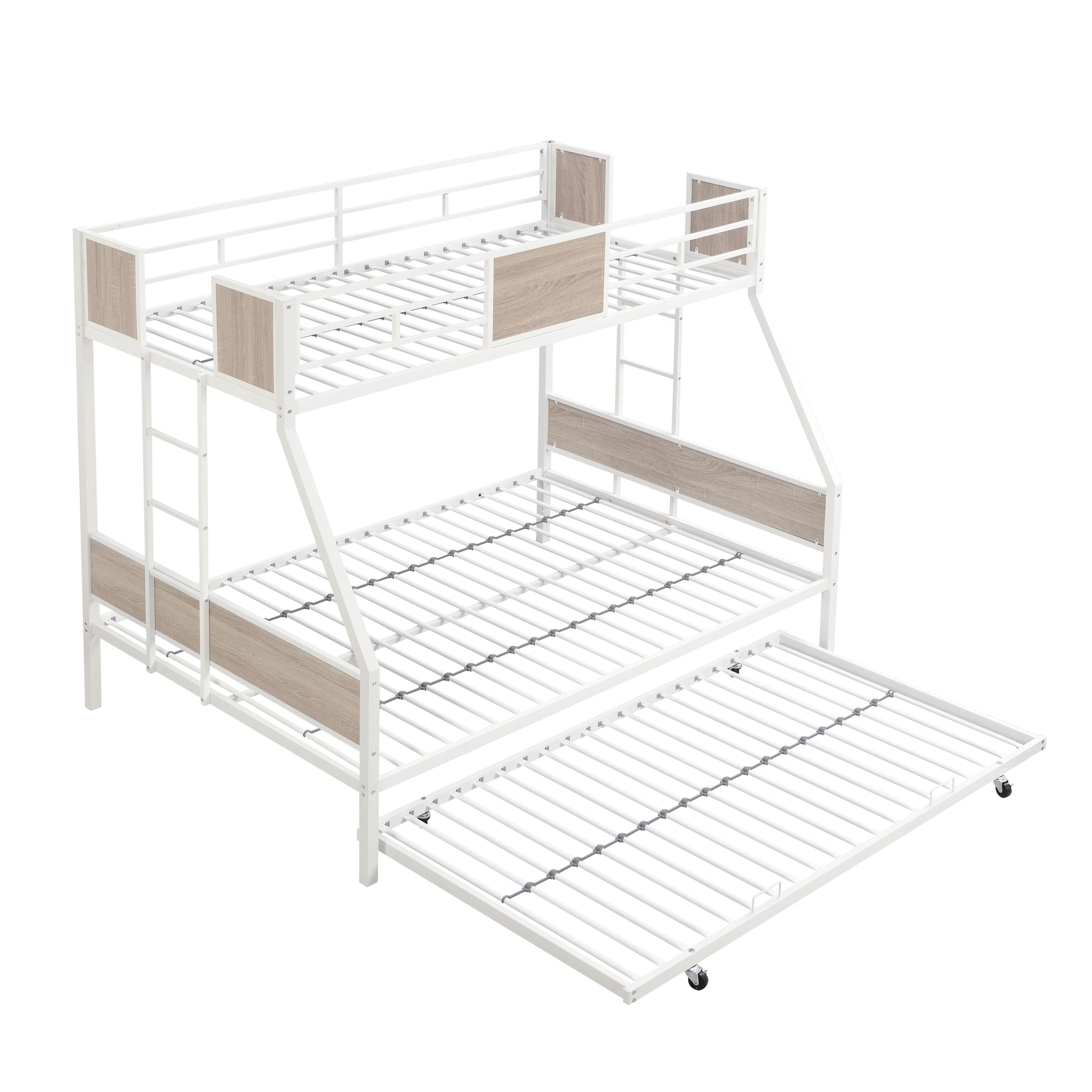Twin Over Full Metal Bunk Bed With Trundle 2 Side Ladder And Full Length Guardrail, No Box Spring Needed, Large Under Bed Storage, Easy Assemble Full Brown White Mdf Metal