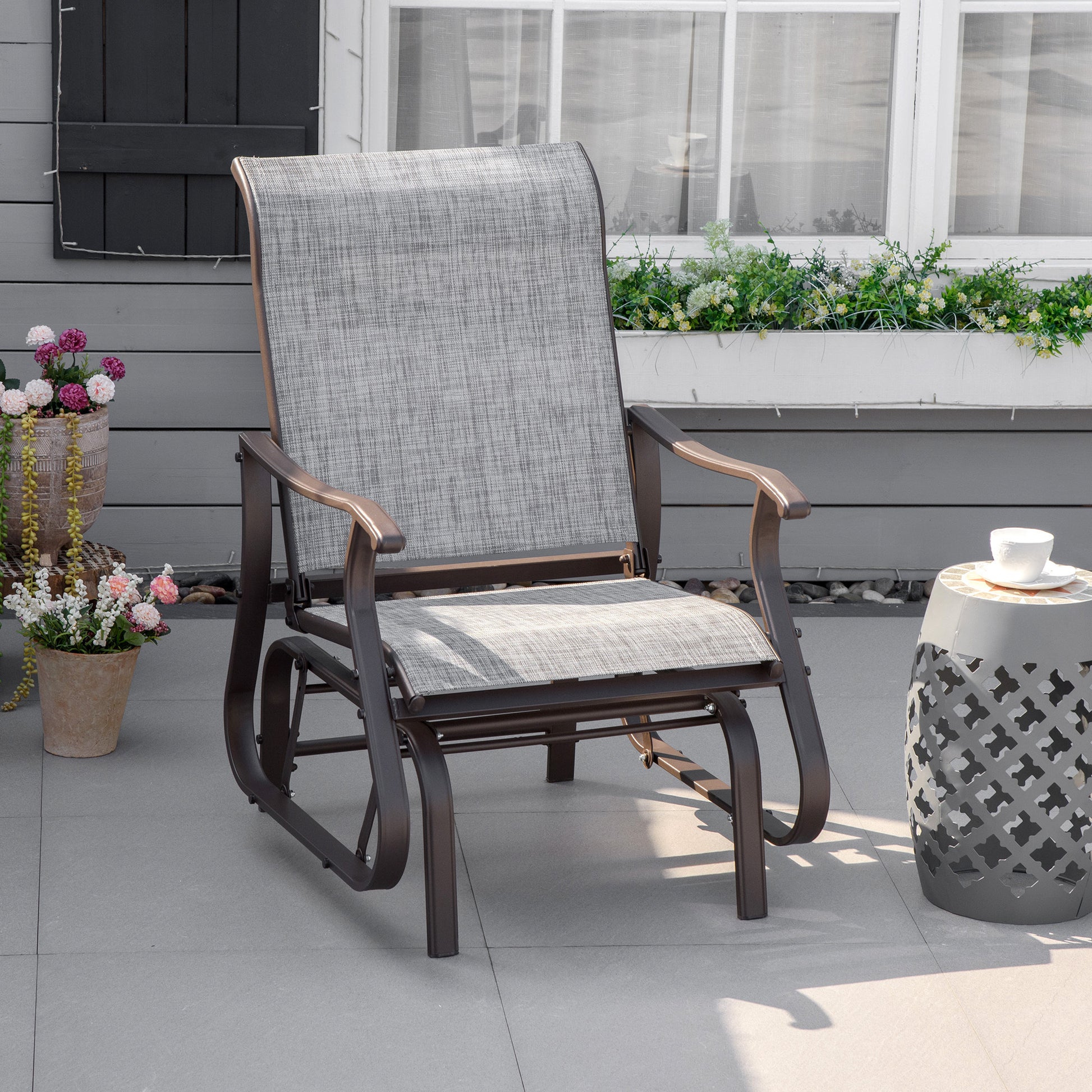 Outsunny Outdoor Glider Chair, Gliders For Outside Patio With Steel Frame And Mesh Fabric For Backyard, Garden, And Porch, Gray Grey Mesh