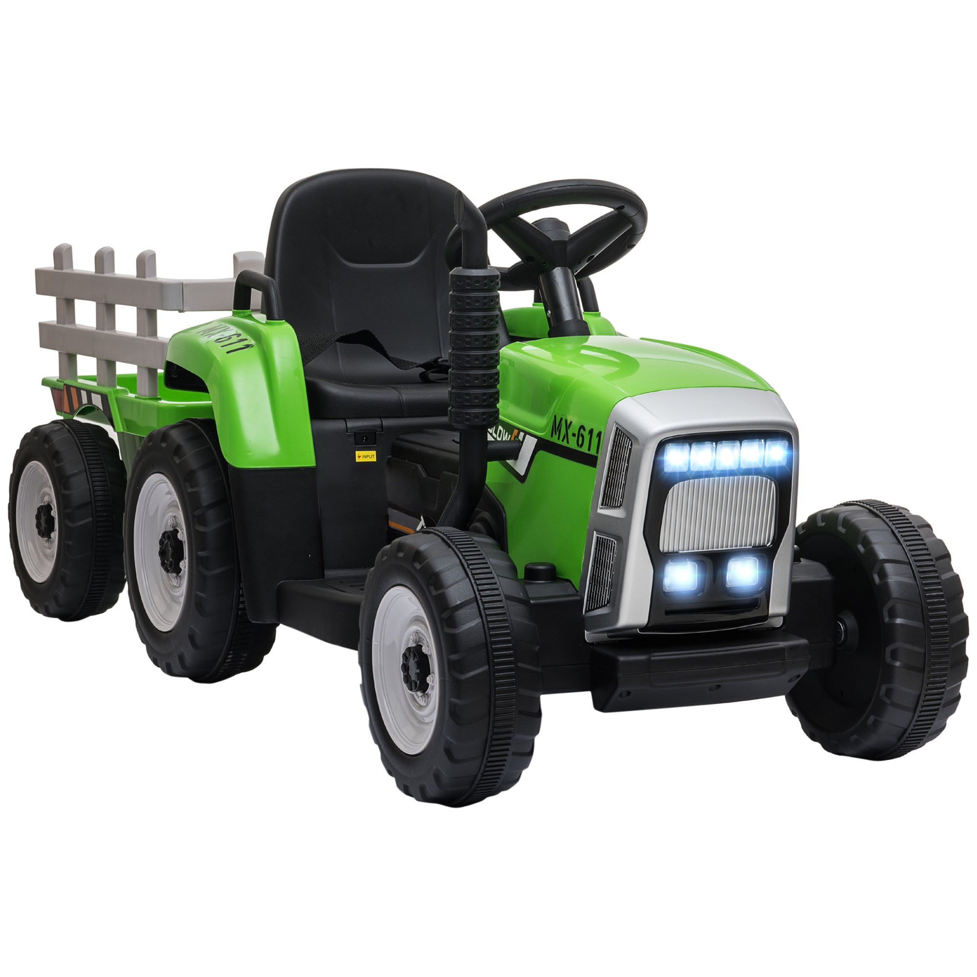 Aosom 12V Ride On Tractor With Trailer, 25W Dual Motors, Battery Powered Electric Tractor With Remote Control, Music Startup Sound And Horn, Led Lights, Green Green Plastic