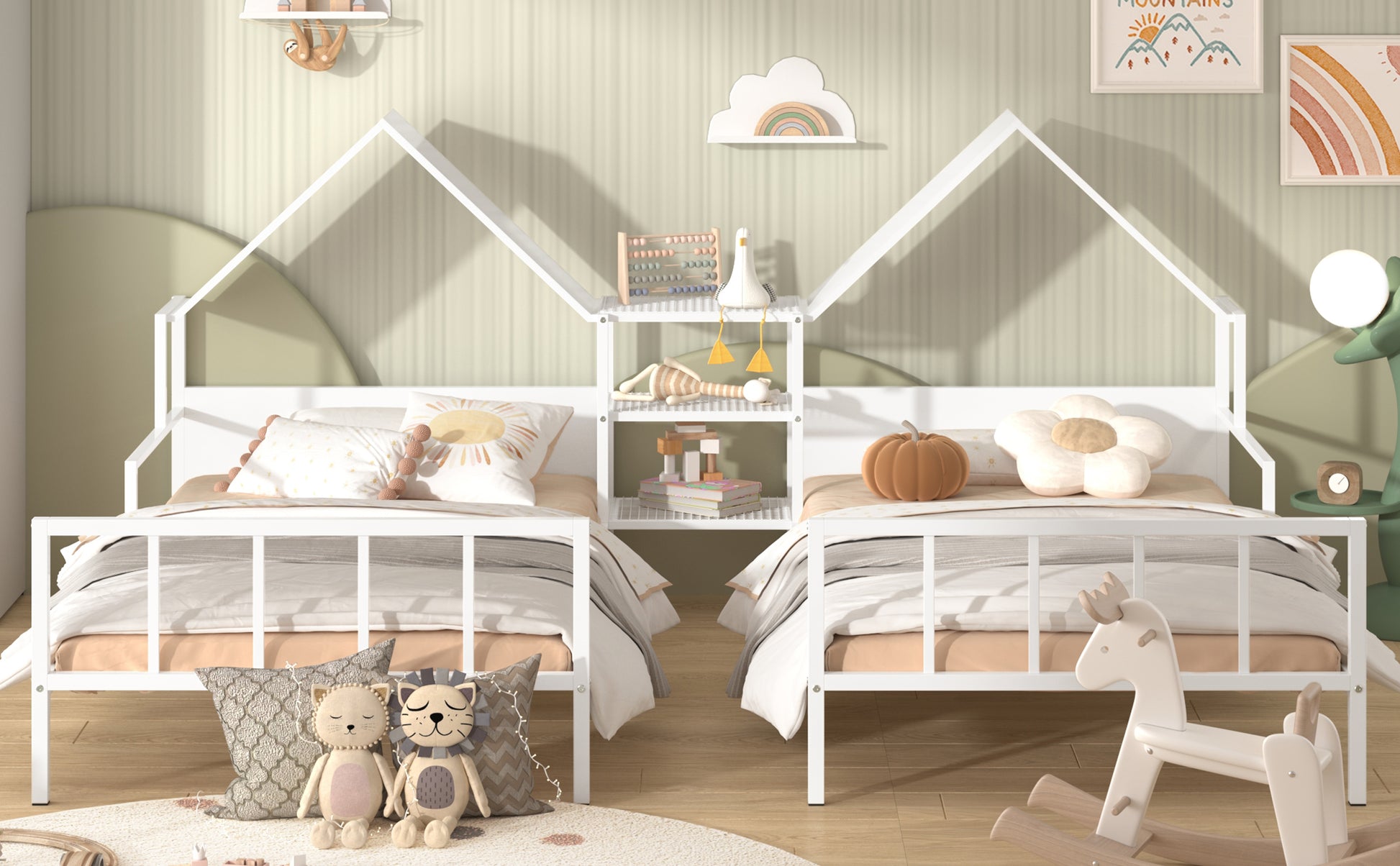 Metal Double Twin Size Platform Bed With House Shaped Headboard And A Built In Nightstand, White Box Spring Not Required Twin White Metal Metal