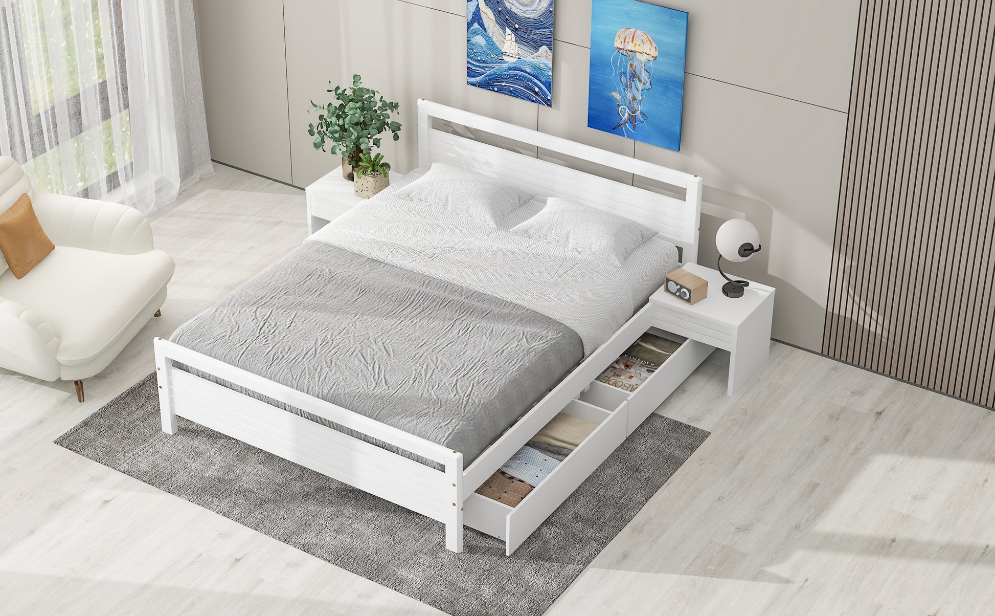 Queen Size Wooden Platform Bed With 2 Storage Drawers And 2 Bedside Tables, White Queen White Pine