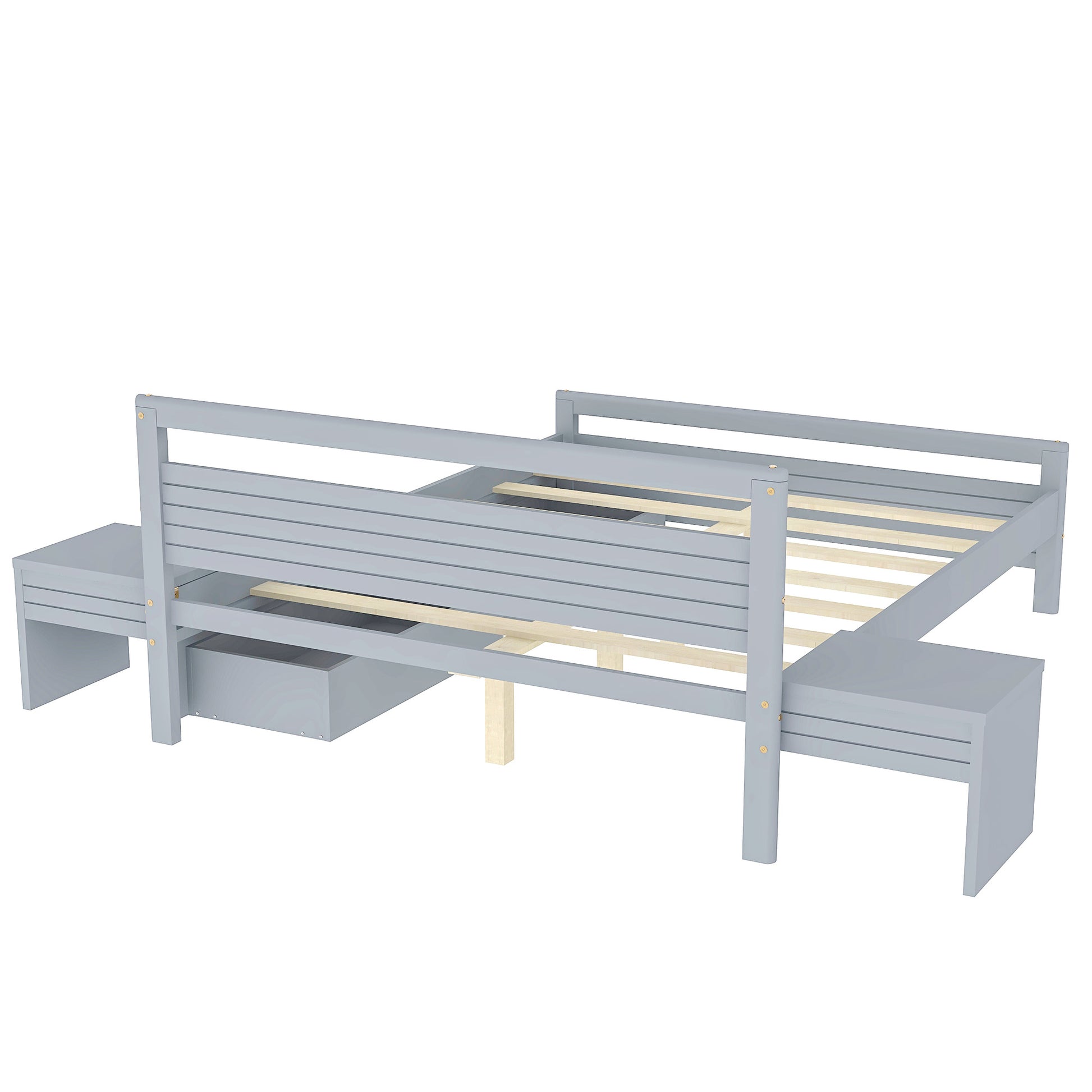 Queen Size Wooden Platform Bed With 2 Storage Drawers And 2 Bedside Tables, Gray Queen Gray Pine