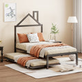 Twin Size Metal Platform Bed With Twin Size Trundle,House Shaped Headboard Design, Black Twin Black Metal