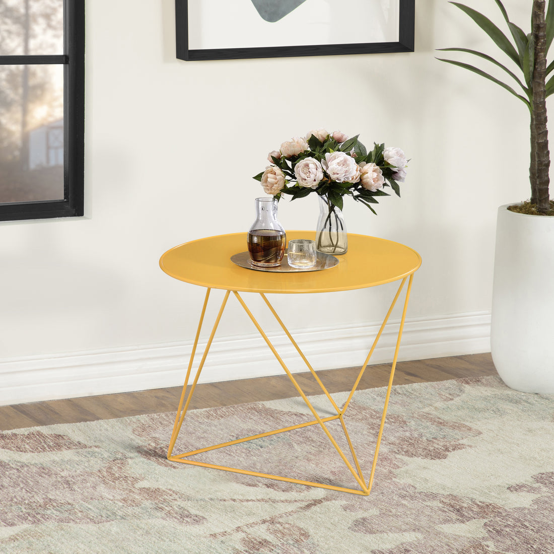 Yellow Geometric Metal Base Accent Table Yellow Primary Living Space Round Metal Sled