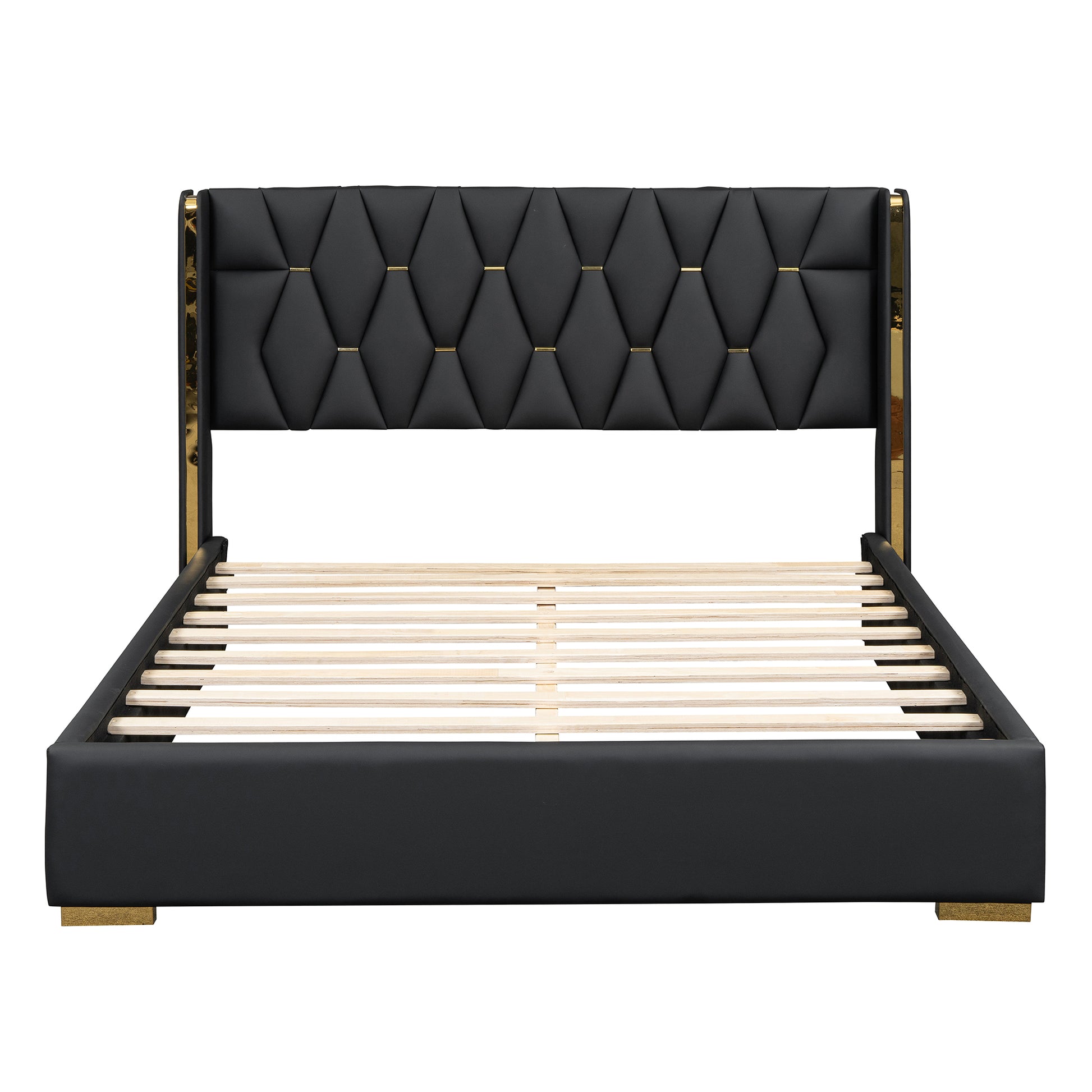 Full Size Upholstered Platform Bed With Metal Strips, Black Full Black Pu