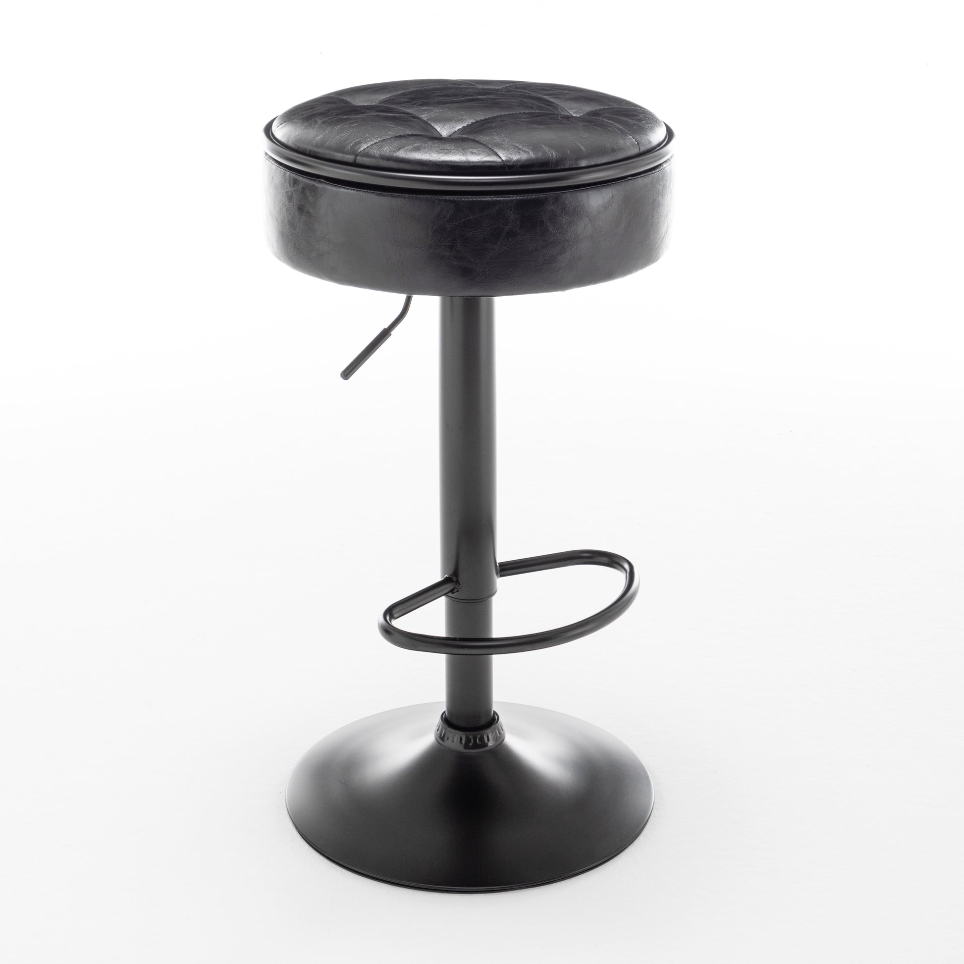 Round Storage Bar Stool Set Of 2, Black Faux Leather Height Adjustable Barstool, 360 Counter Height Swivel Stool, Armless Bar Chair With Metal Frame For Kitchen Counter Dining Living Room Black Set Of 2 Foam Pu Leather