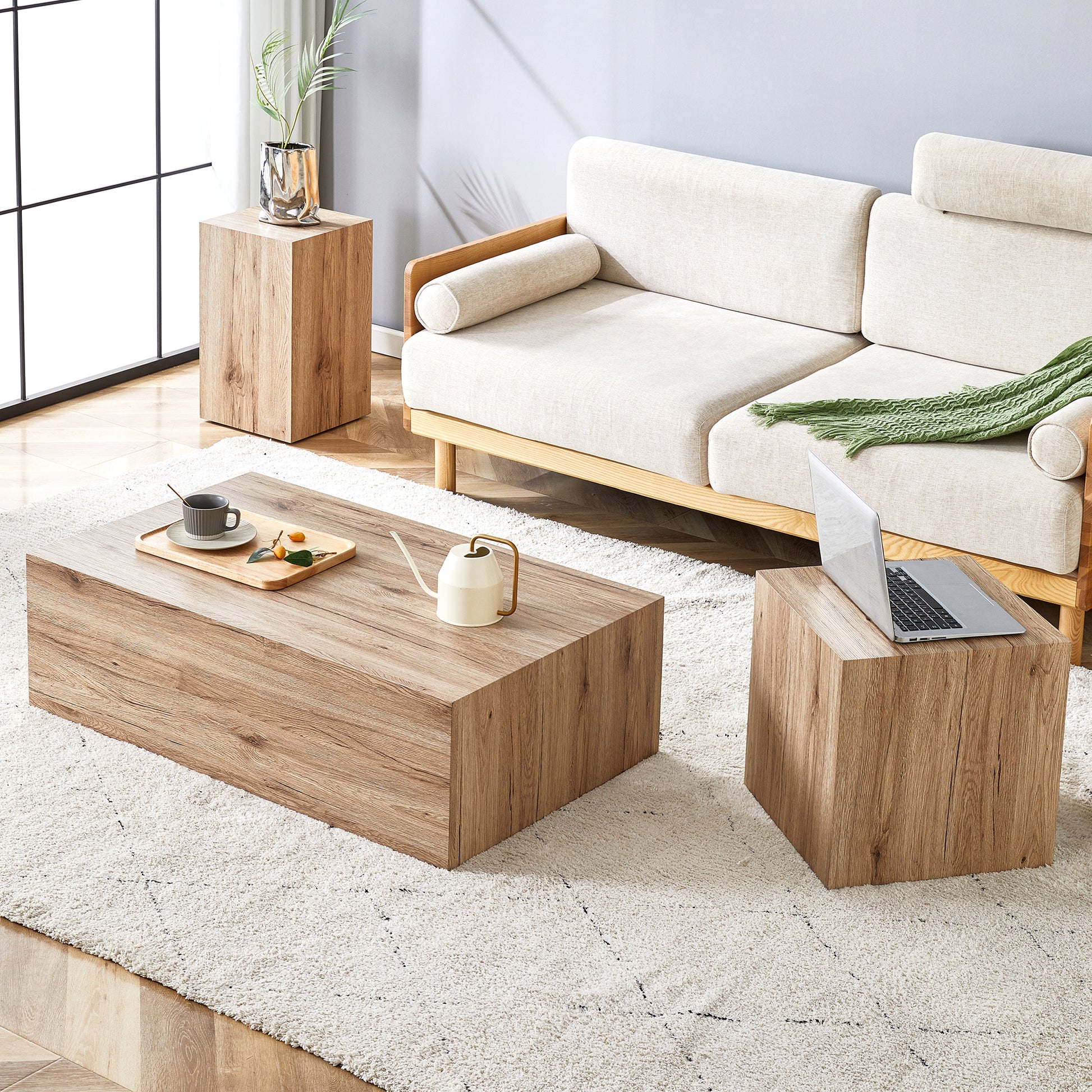 Elevate Your Living Space With This Modern Mdf Coffee Table That Showcases Smooth, Light Wood Color Texture Patterns. It Is Characterized By Stylish Design. Wood Mdf