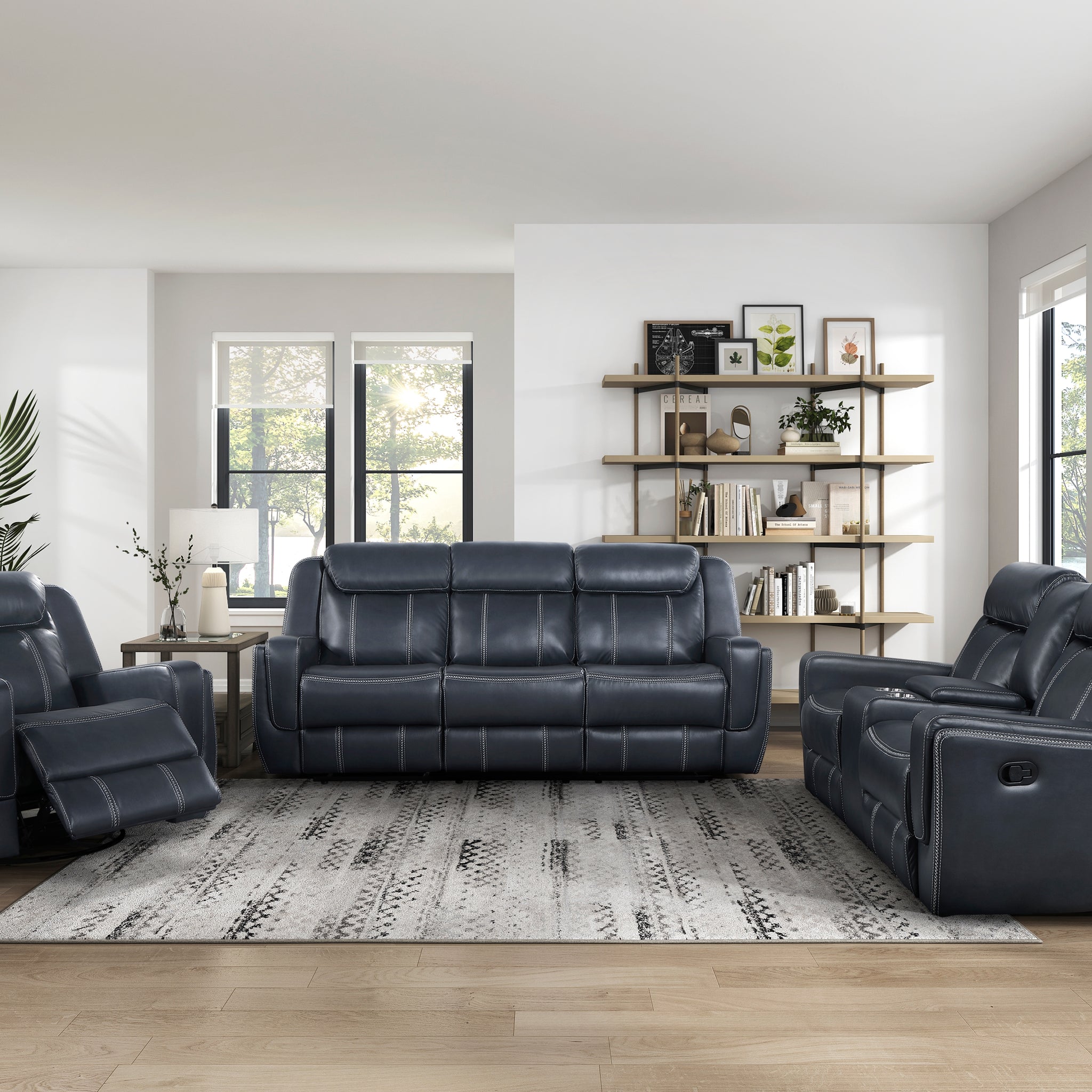 Modern Living Room Furniture 3Pc Reclining Sofa Set Bluefaux Leather Upholstery Sofa Loveseat Swivel Reclining Chair, Cup Holders, Power Outlets, Usb Ports Blue Faux Leather Wood Primary Living Space Modern Plywood,Solid Wood 6 Seat