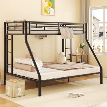 Twin Xl Over Queen Metal Bunk Bed With Ladder And Guardrails, Black Box Spring Not Required Twin Xl Black Metal Metal