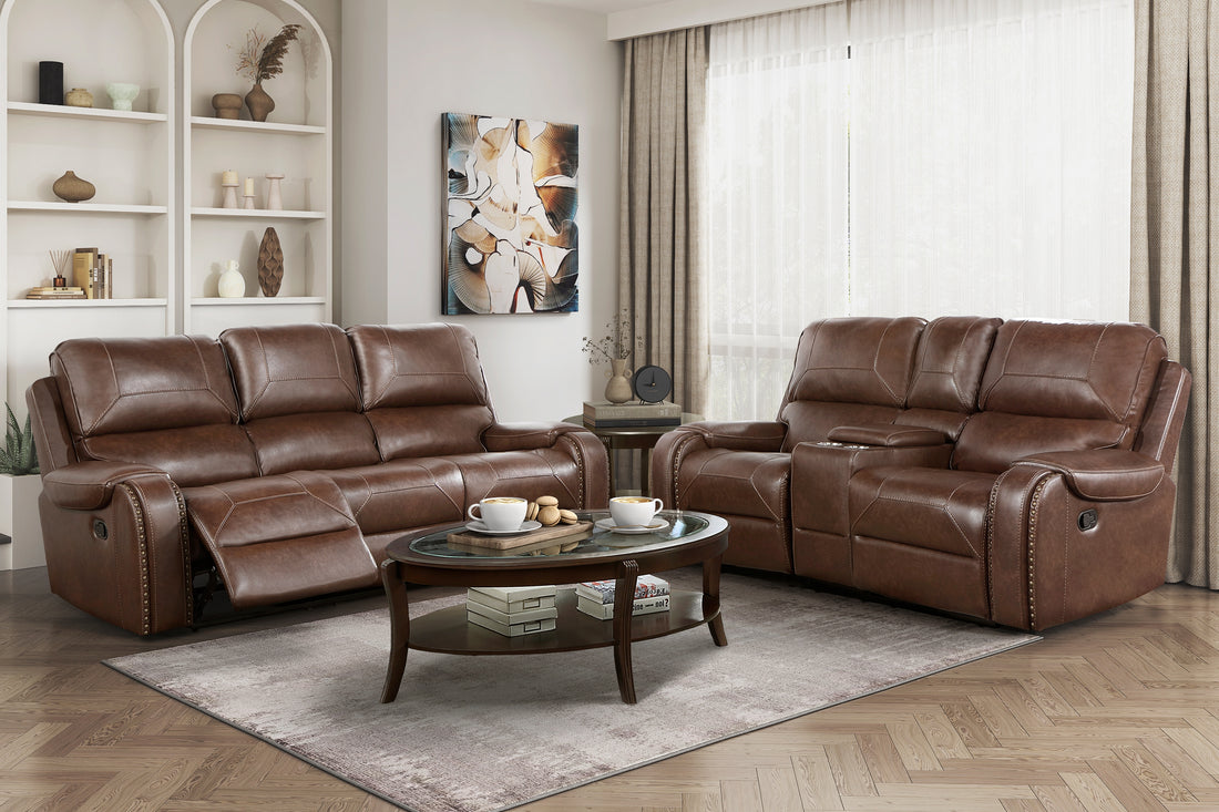 Comfortable Reclining Sofa 2Pc Set Brown Faux Leather Upholstered Dual Reclining Sofa Loveseat Trim, Power Usb Ports, Cupholders, Modern Living Room Furniture Brown Faux Leather Wood Primary Living Space Modern Plywood,Solid Wood 5 Seat