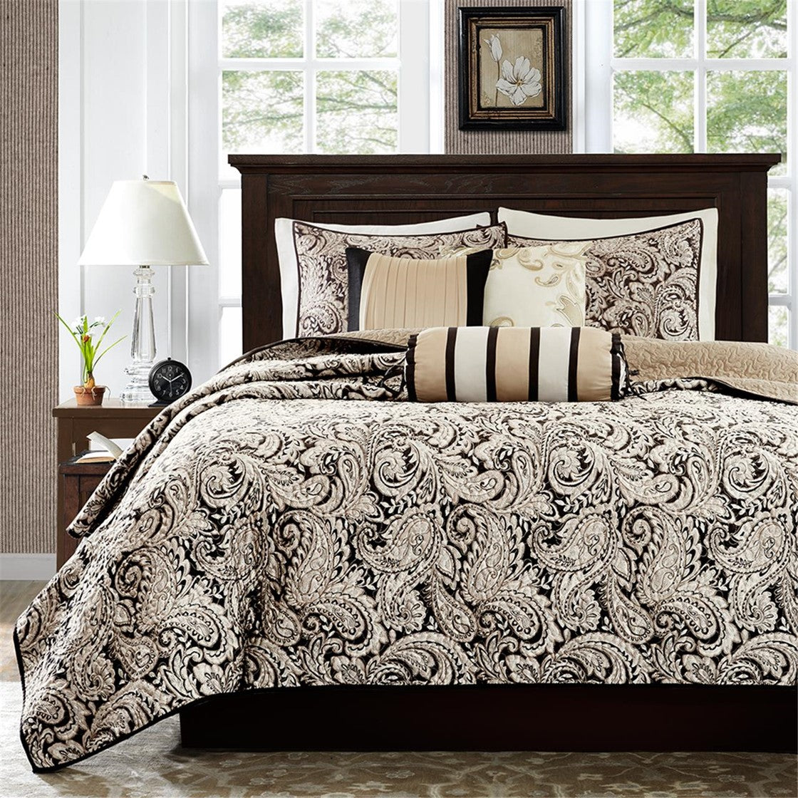 6 Piece Jacquard Quilt Set With Throw Pillows Black King Cal King King Black Cotton